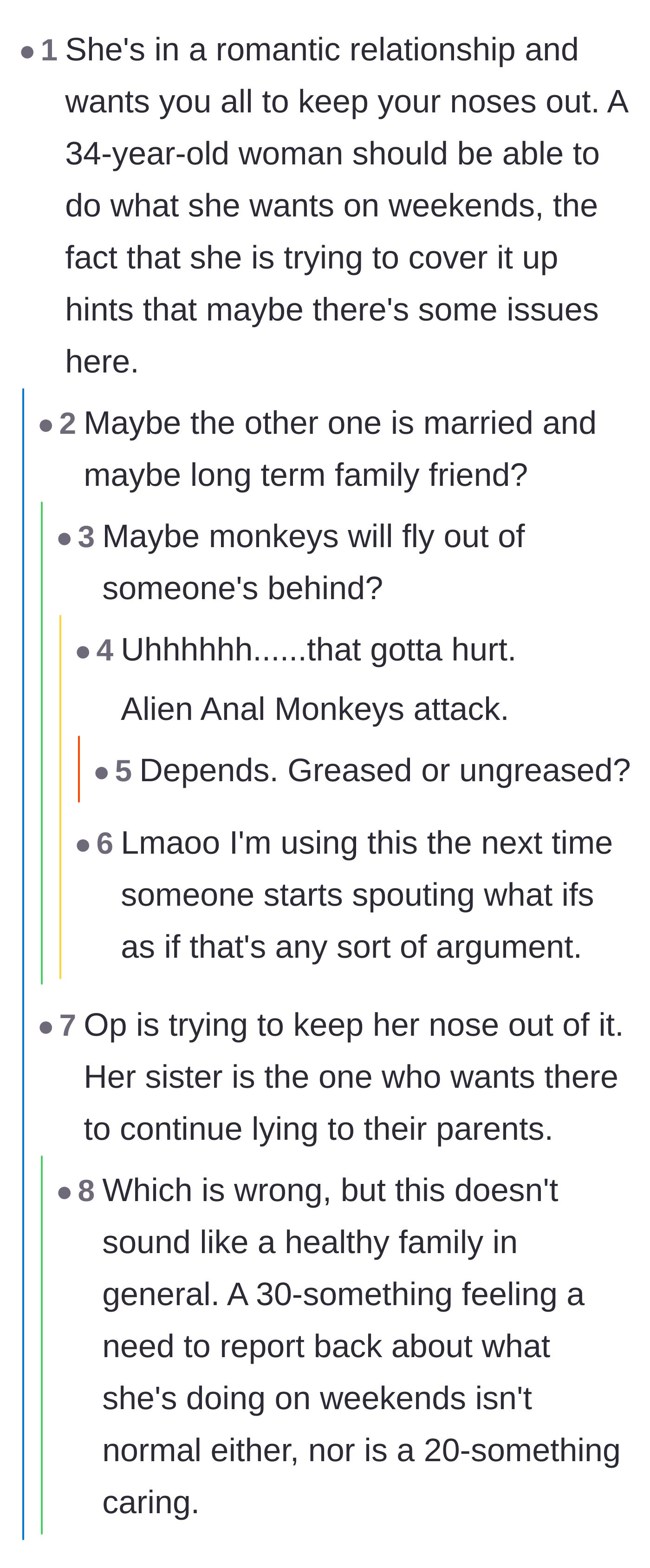 Comment thread 4 - Speculation about the sister hiding an affair, followed by readers hilariously shutting down wild excuses.