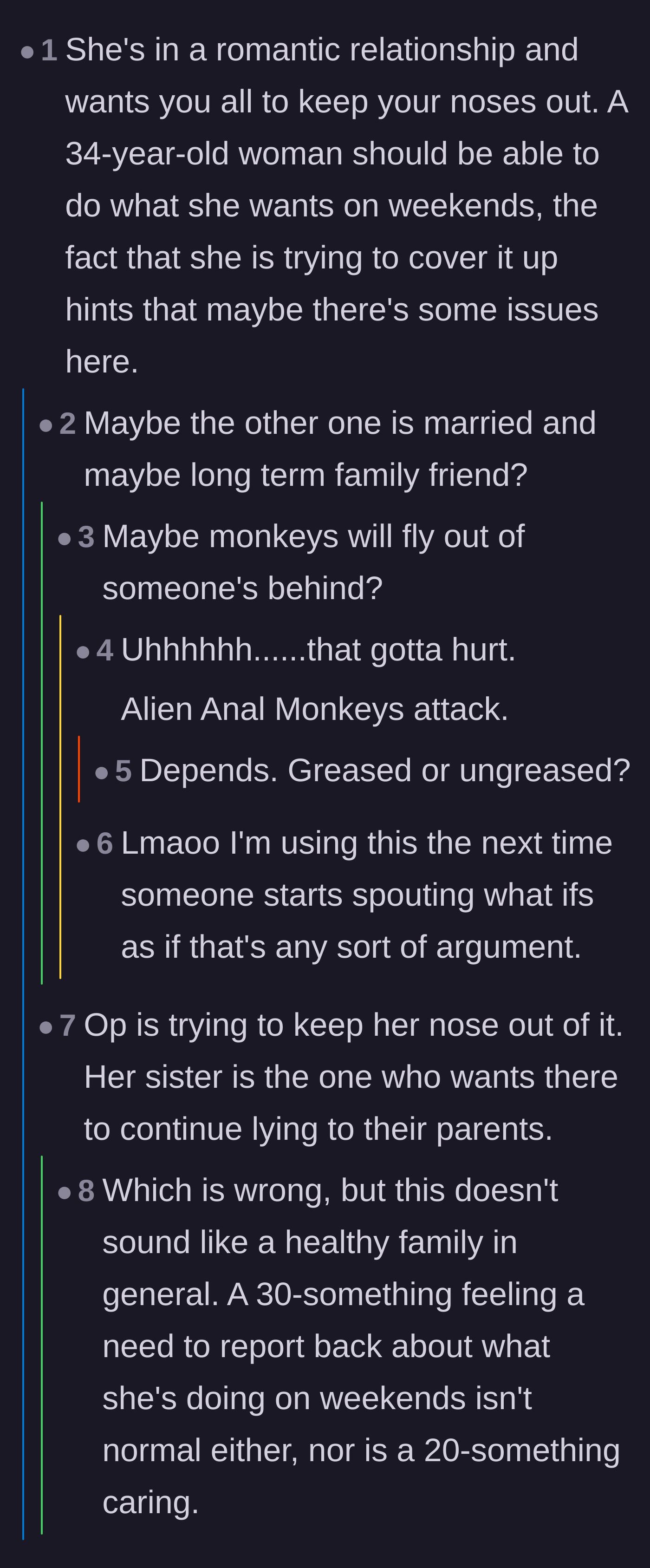 Comment thread 4 - Speculation about the sister hiding an affair, followed by readers hilariously shutting down wild excuses.