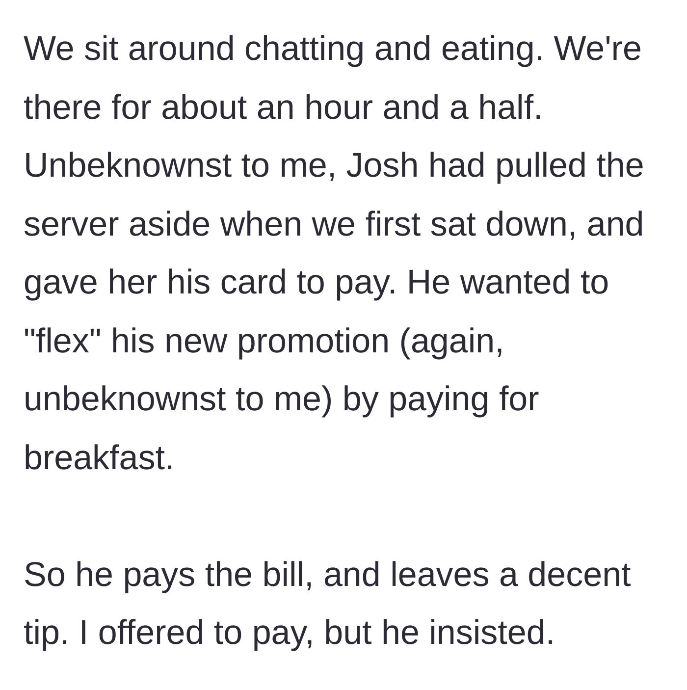 Story part 4 - The brother-in-law secretly pays the bill to show off a new promotion, rejecting the author's offer to pay.