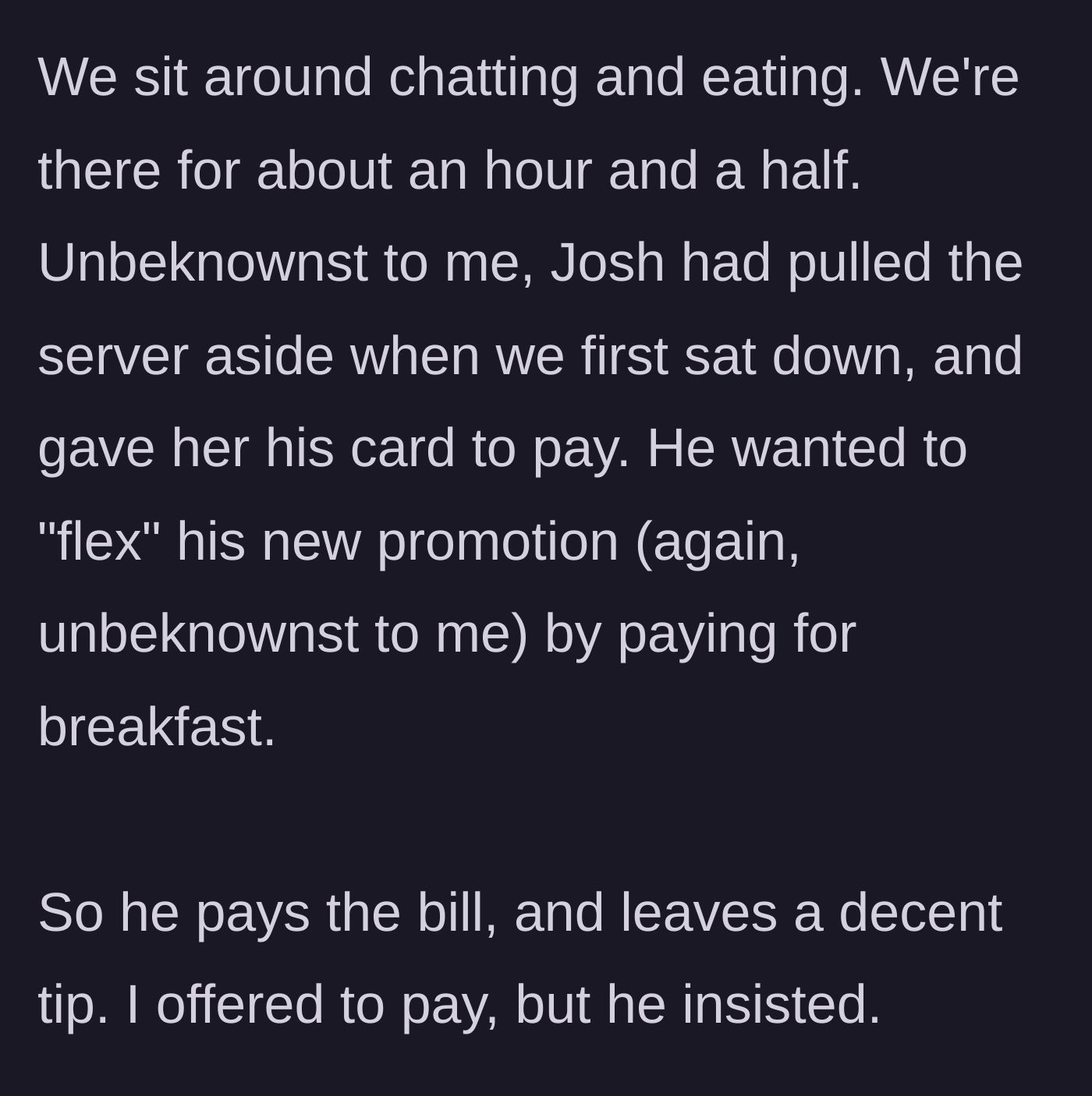 Story part 4 - The brother-in-law secretly pays the bill to show off a new promotion, rejecting the author's offer to pay.