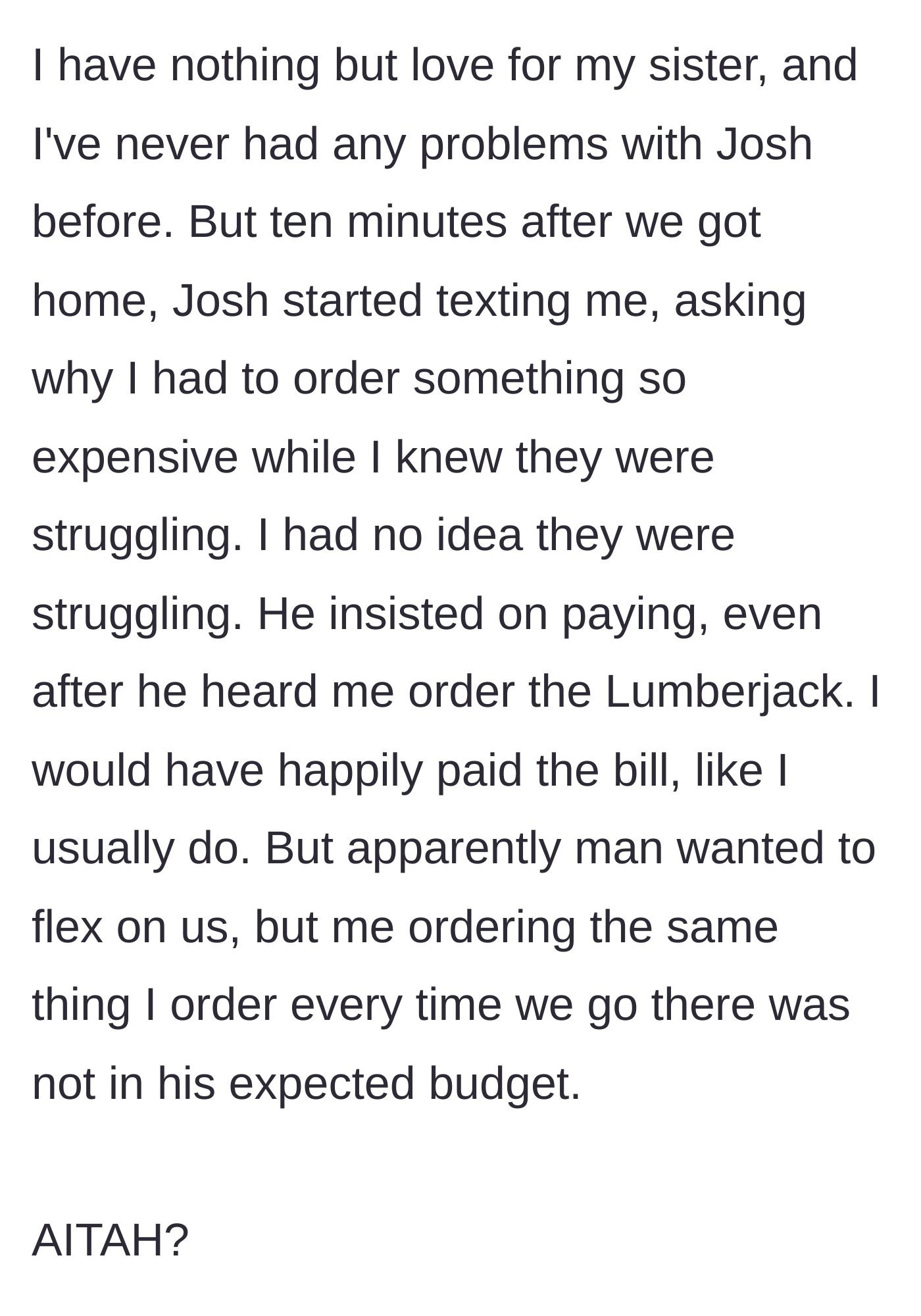 Story part 5 - The brother-in-law texts angrily after the meal, accusing the author of ordering expensive food while knowing they are struggling.