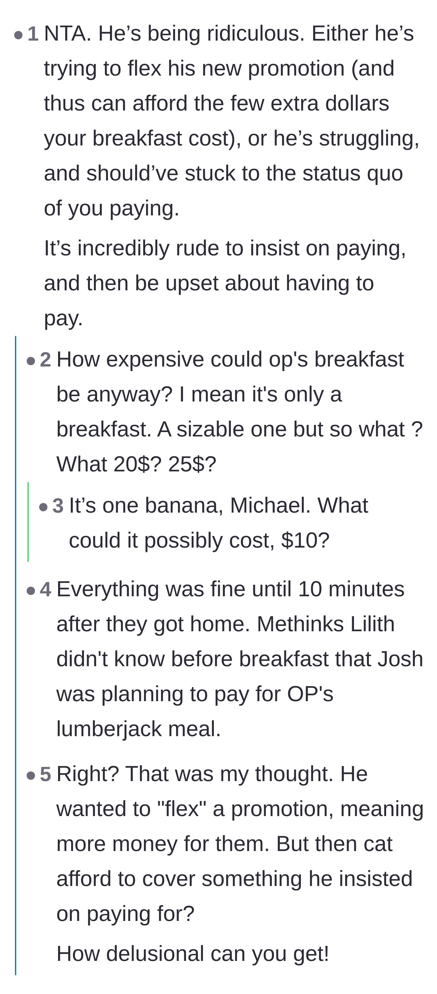 Comment thread 2 - Debate exposing the hypocrisy of bragging about a promotion while complaining about a fourteen-dollar breakfast.
