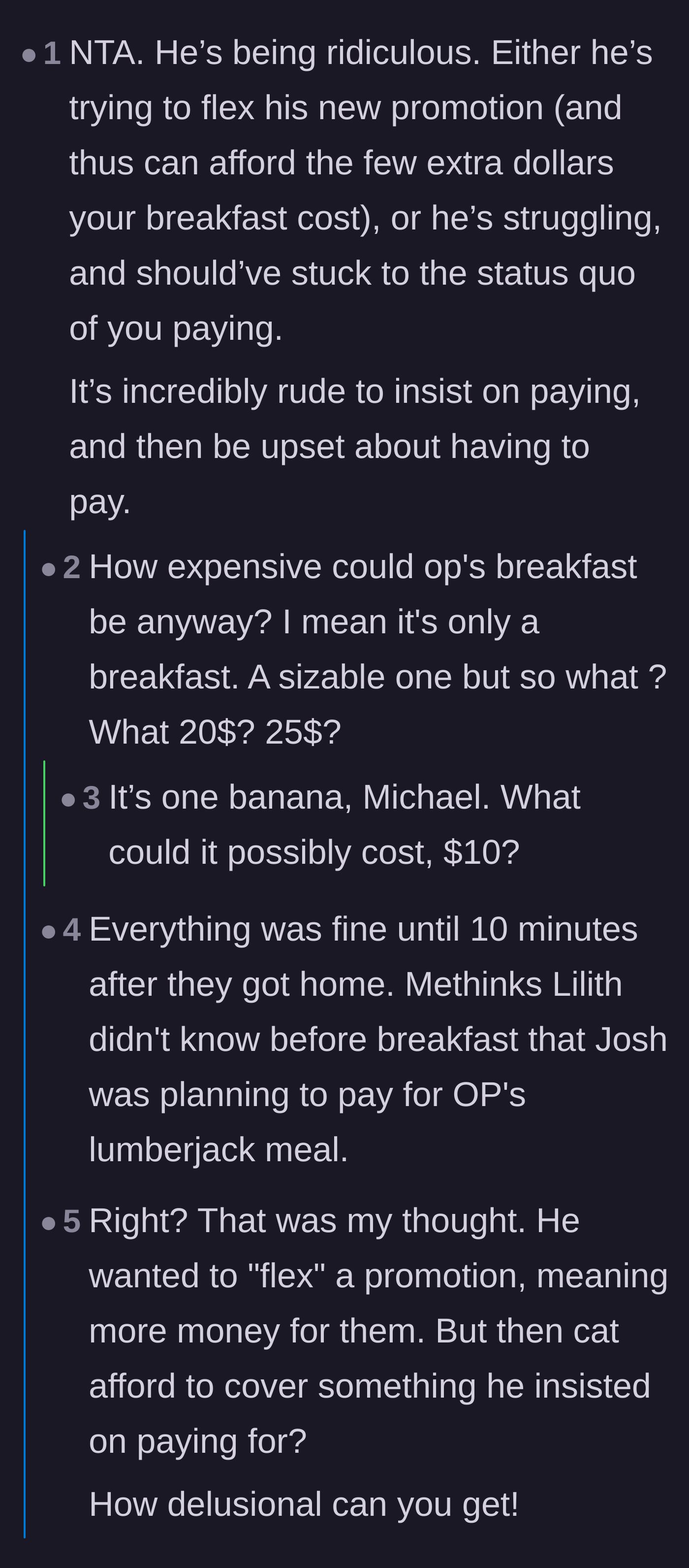 Comment thread 2 - Debate exposing the hypocrisy of bragging about a promotion while complaining about a fourteen-dollar breakfast.