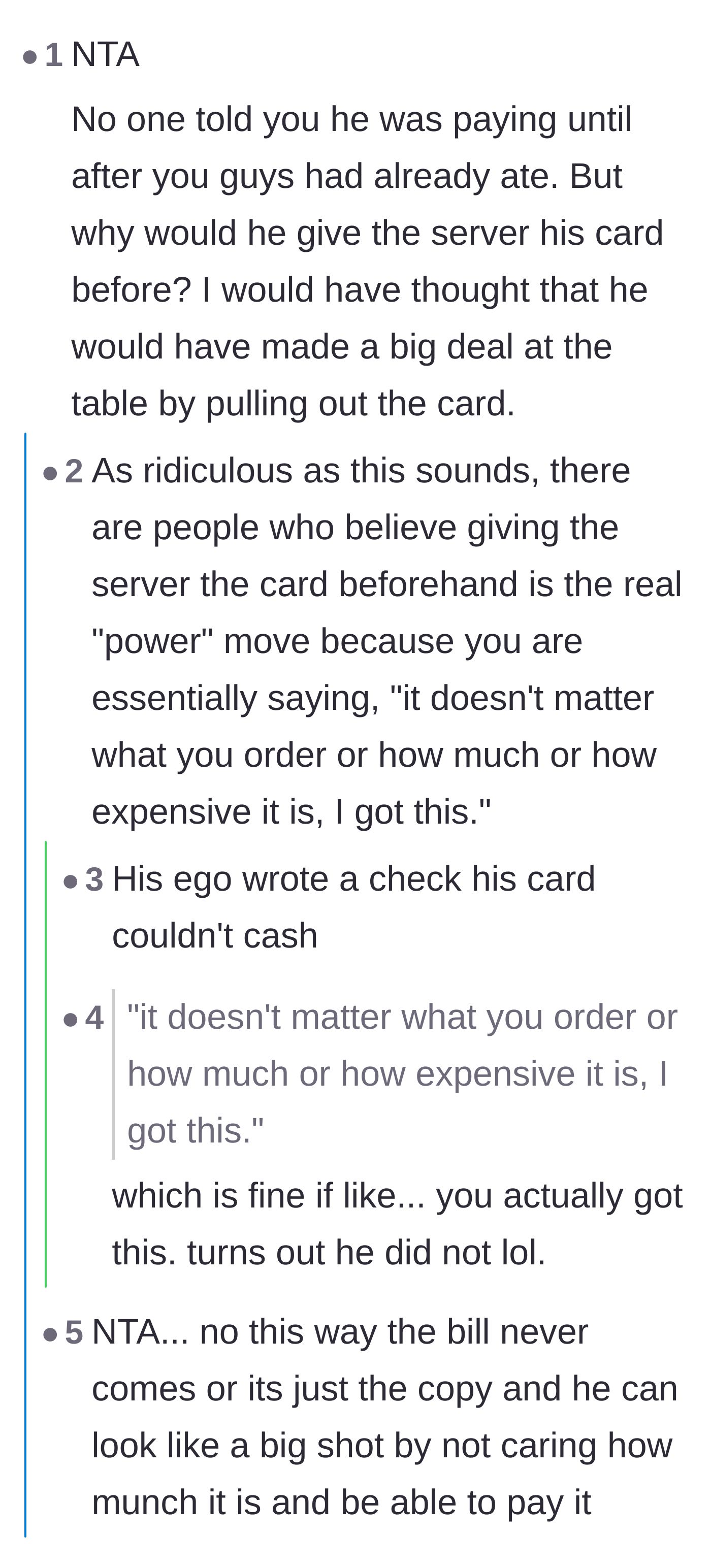 Comment thread 3 - Discussion on how handing the credit card to the server secretly is a classic power move that completely backfired.