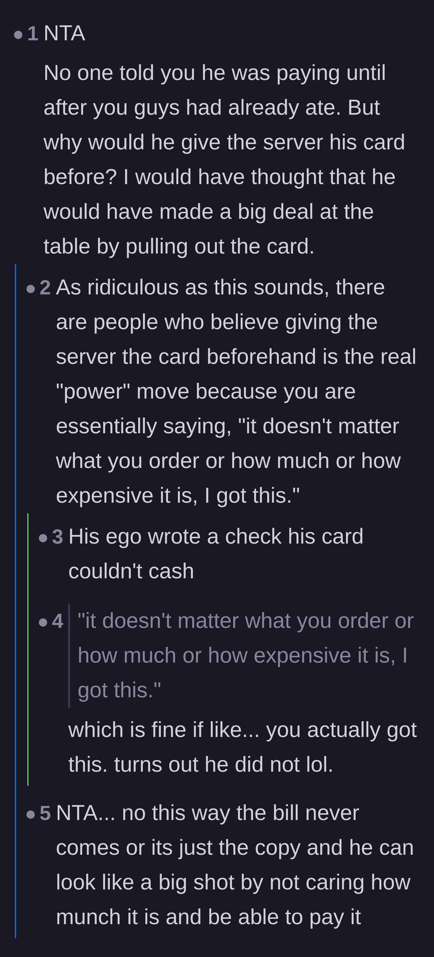 Comment thread 3 - Discussion on how handing the credit card to the server secretly is a classic power move that completely backfired.