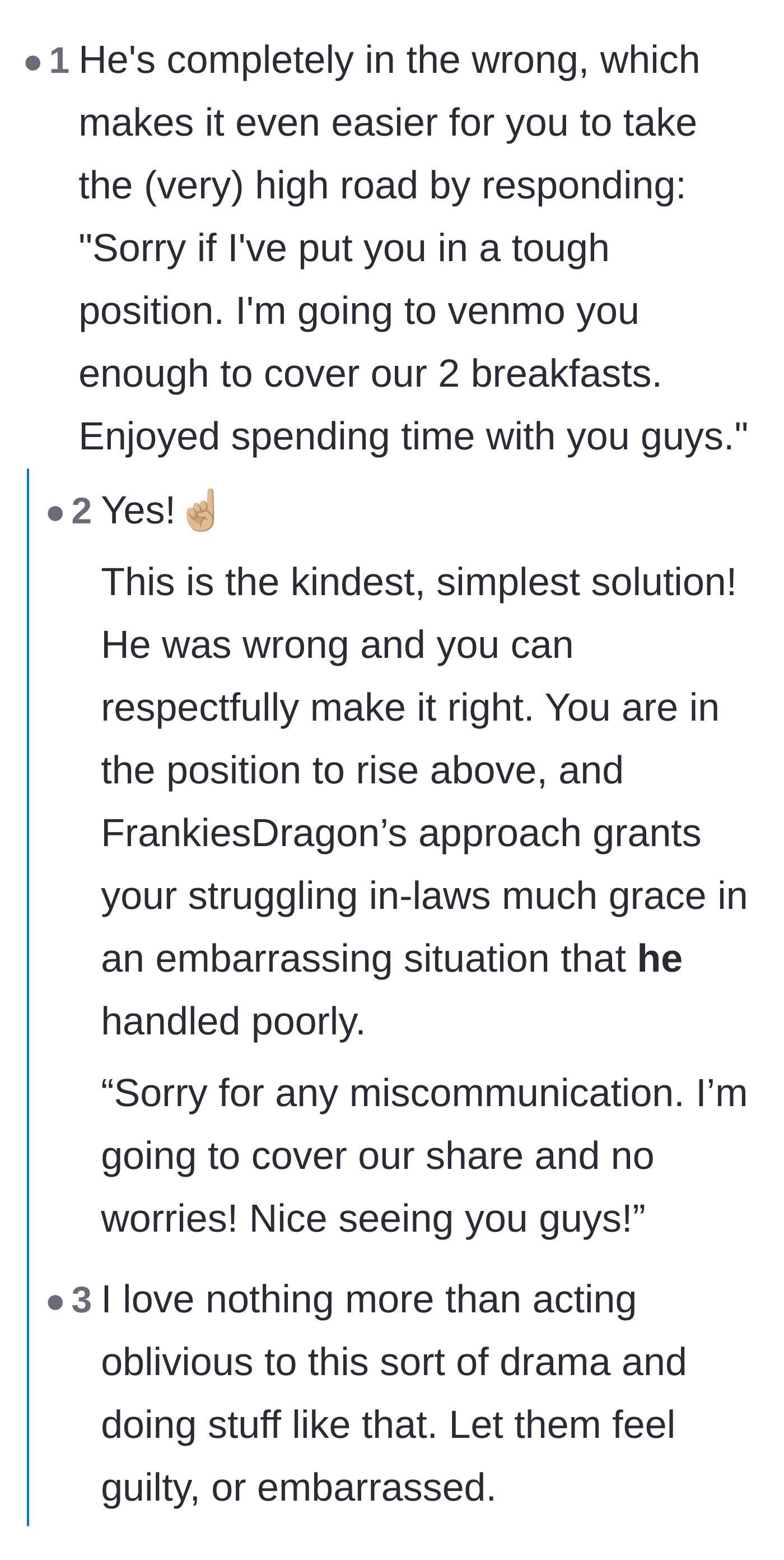 Comment thread 5 - A suggestion to take the high road by simply Venmoing the money back to make the brother-in-law feel embarrassed.