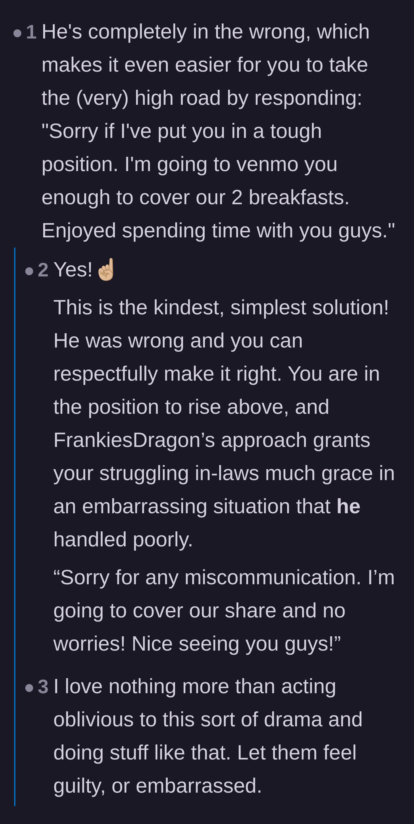 Comment thread 5 - A suggestion to take the high road by simply Venmoing the money back to make the brother-in-law feel embarrassed.