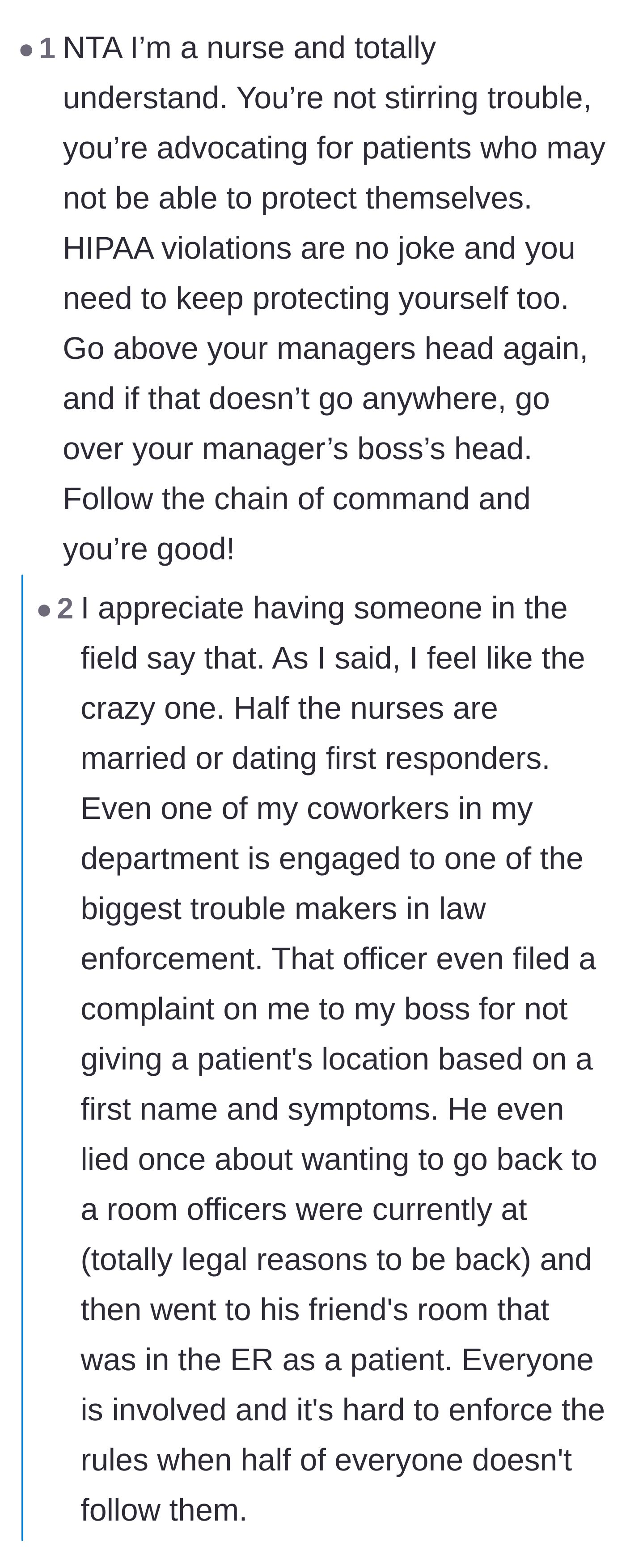 Comment thread 3 - A fellow nurse validates the main character's strict adherence to the law and advises reporting compromised coworkers.