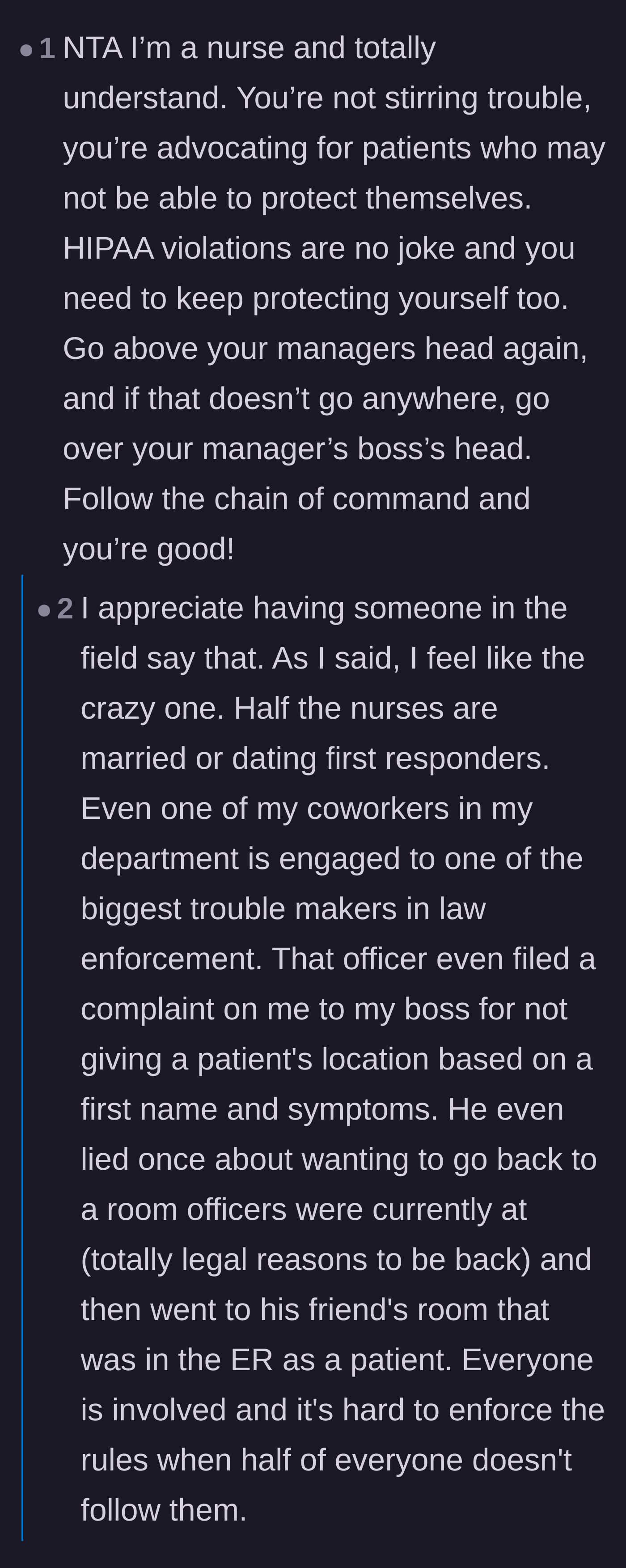 Comment thread 3 - A fellow nurse validates the main character's strict adherence to the law and advises reporting compromised coworkers.