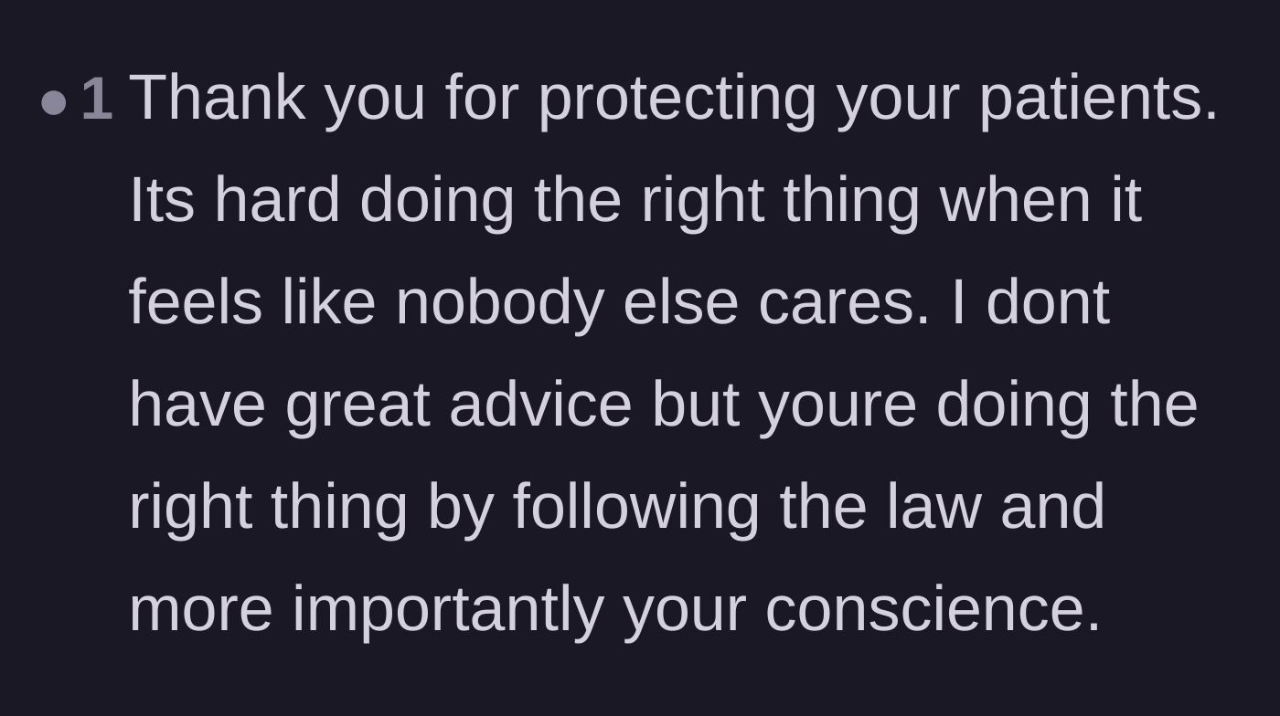 Comment thread 5 - A brief, supportive message thanking the original poster for fiercely protecting vulnerable patients.