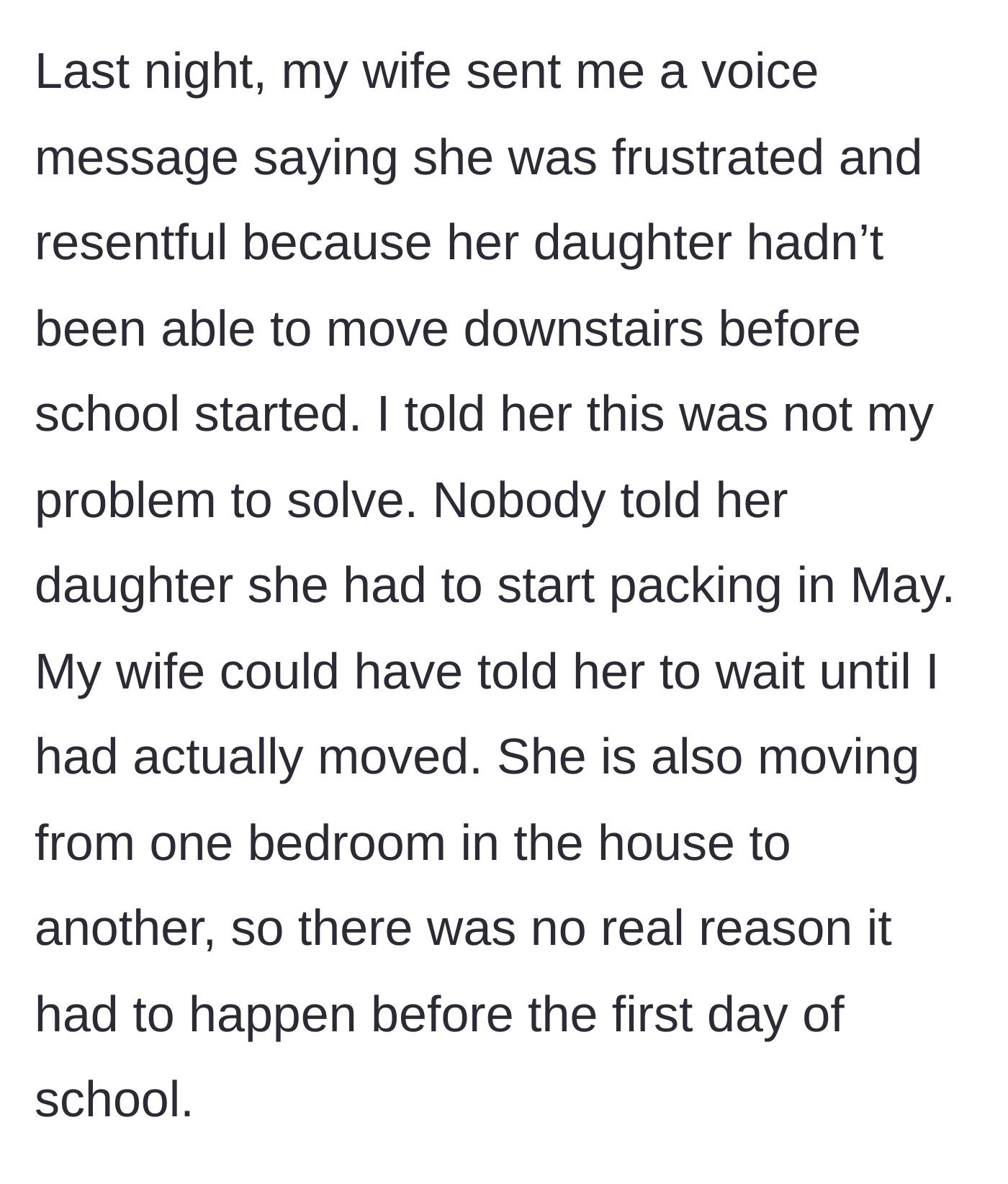 Story part 4 - The wife leaving a resentful voice message complaining about the room delay, and the husband flatly telling her it isn't his problem.