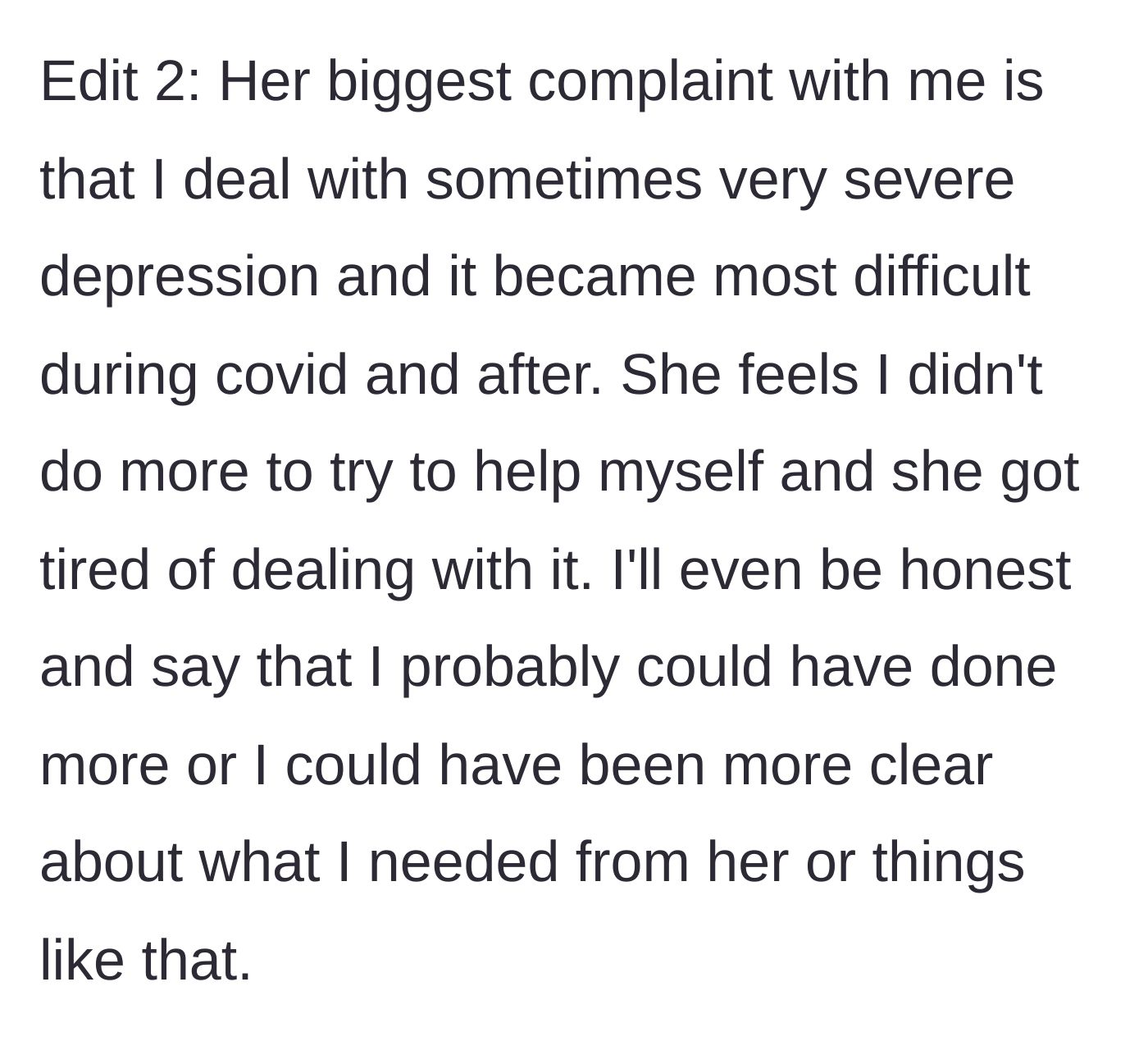 Story part 7 - Father admitting to his struggles with severe depression during the pandemic, which drove a wedge in the marriage.