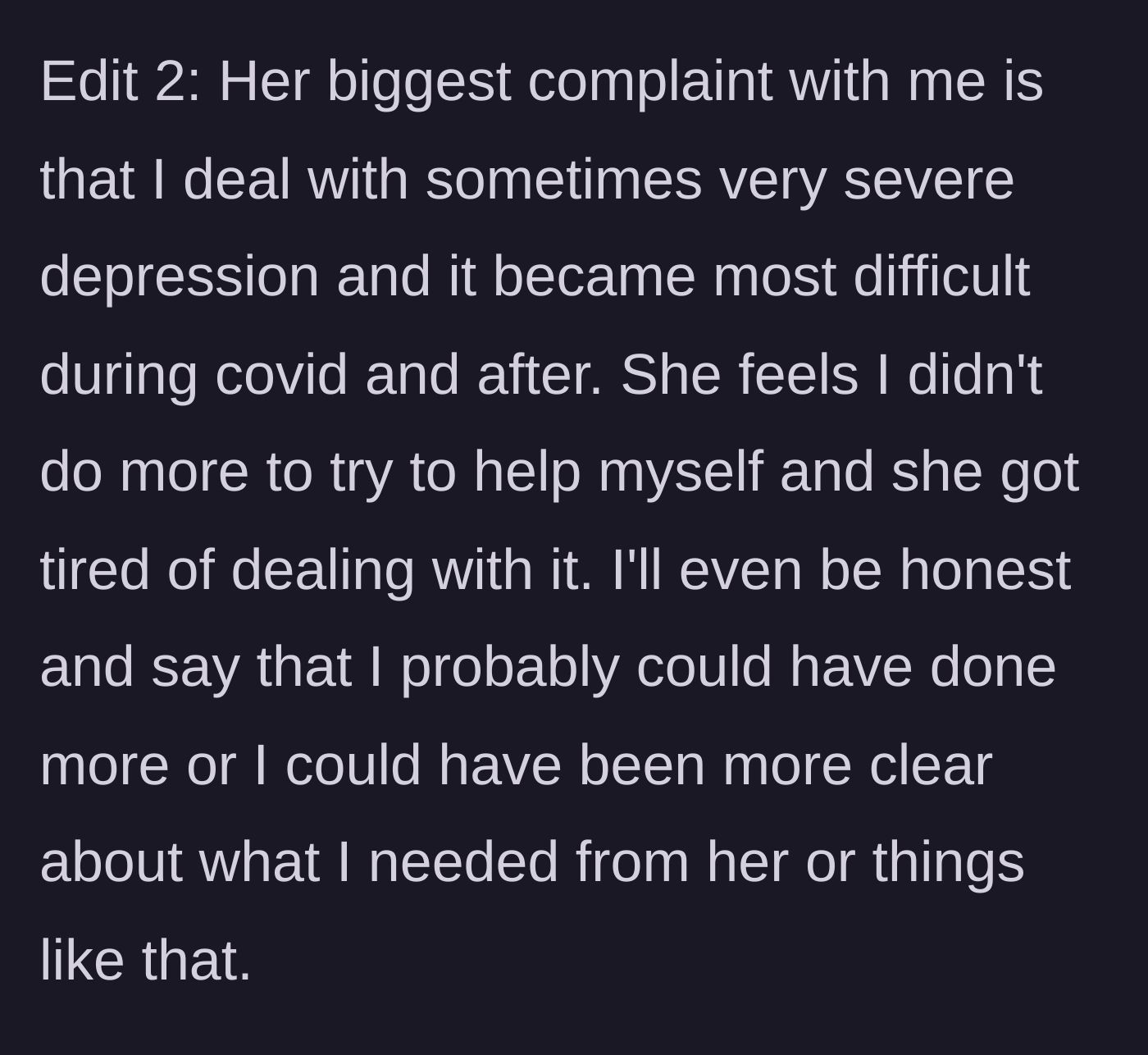 Story part 7 - Father admitting to his struggles with severe depression during the pandemic, which drove a wedge in the marriage.
