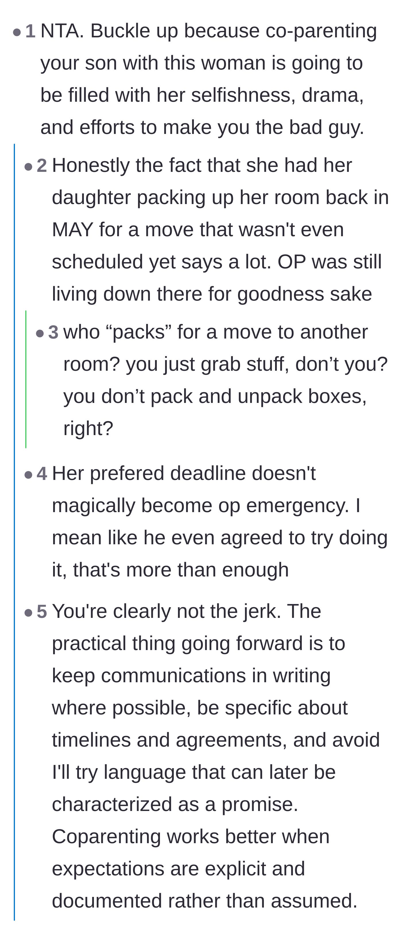 Comment thread 1 - Readers dissecting how the ex-wife is using the 13-year-old's room swap to force the father out faster.
