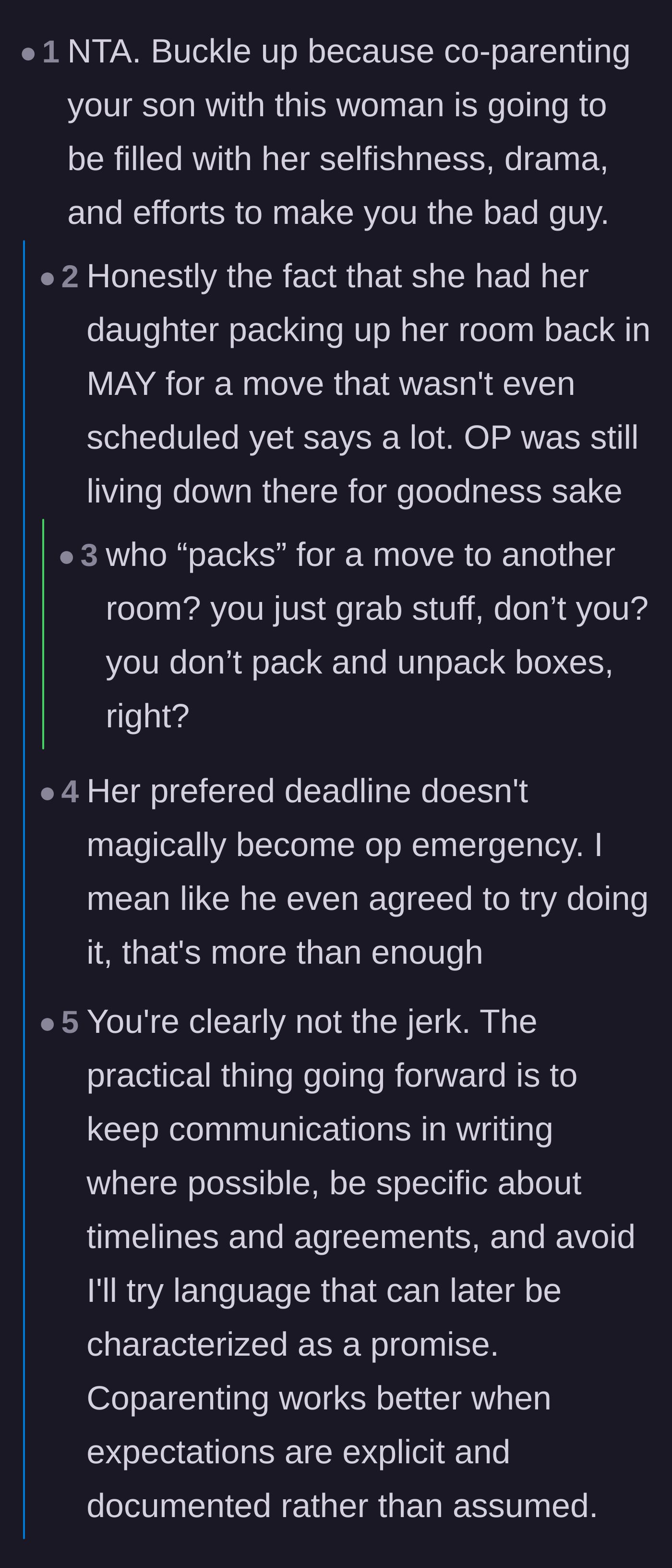 Comment thread 1 - Readers dissecting how the ex-wife is using the 13-year-old's room swap to force the father out faster.