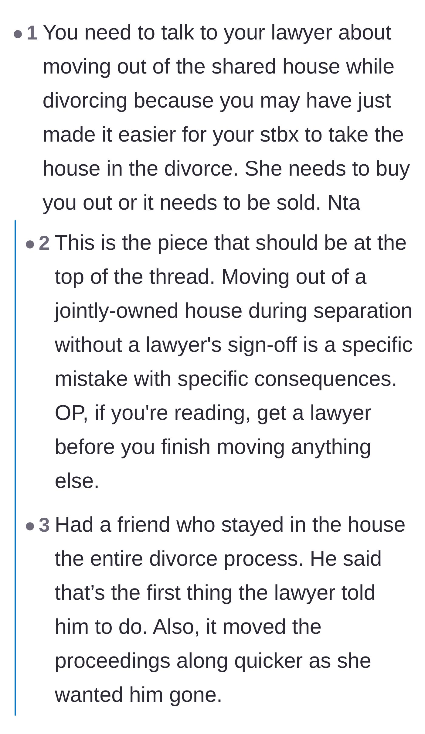 Comment thread 3 - Debate over the severe legal dangers of moving out of a marital home before a divorce is finalized.