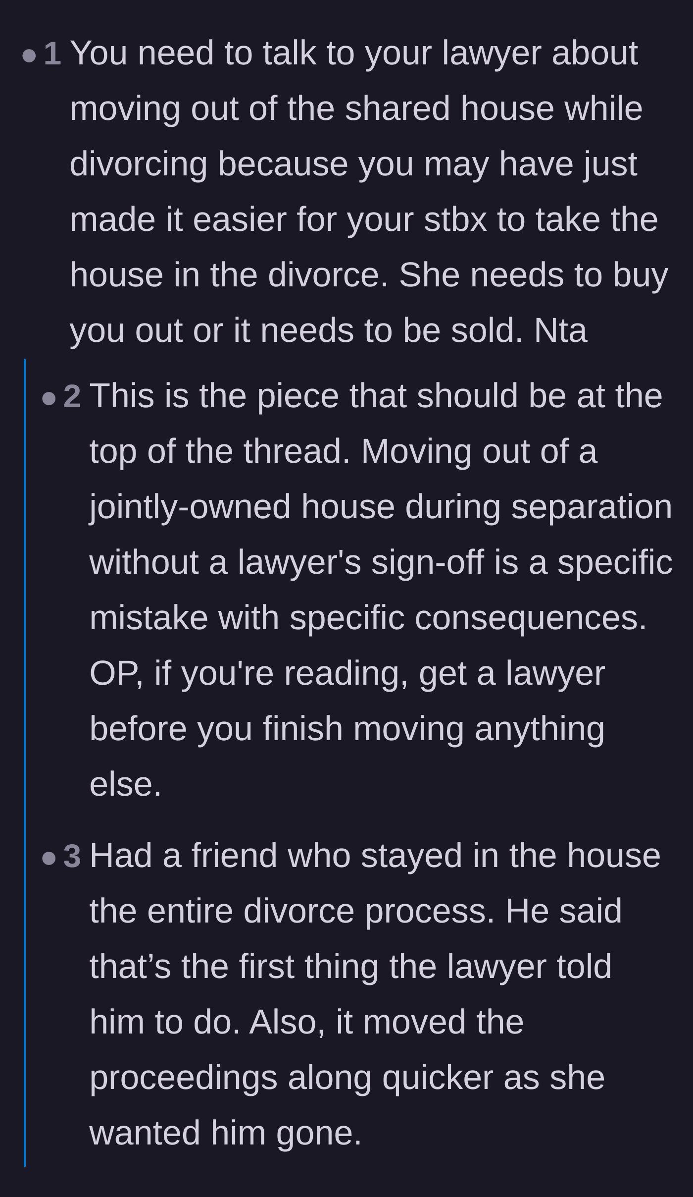 Comment thread 3 - Debate over the severe legal dangers of moving out of a marital home before a divorce is finalized.