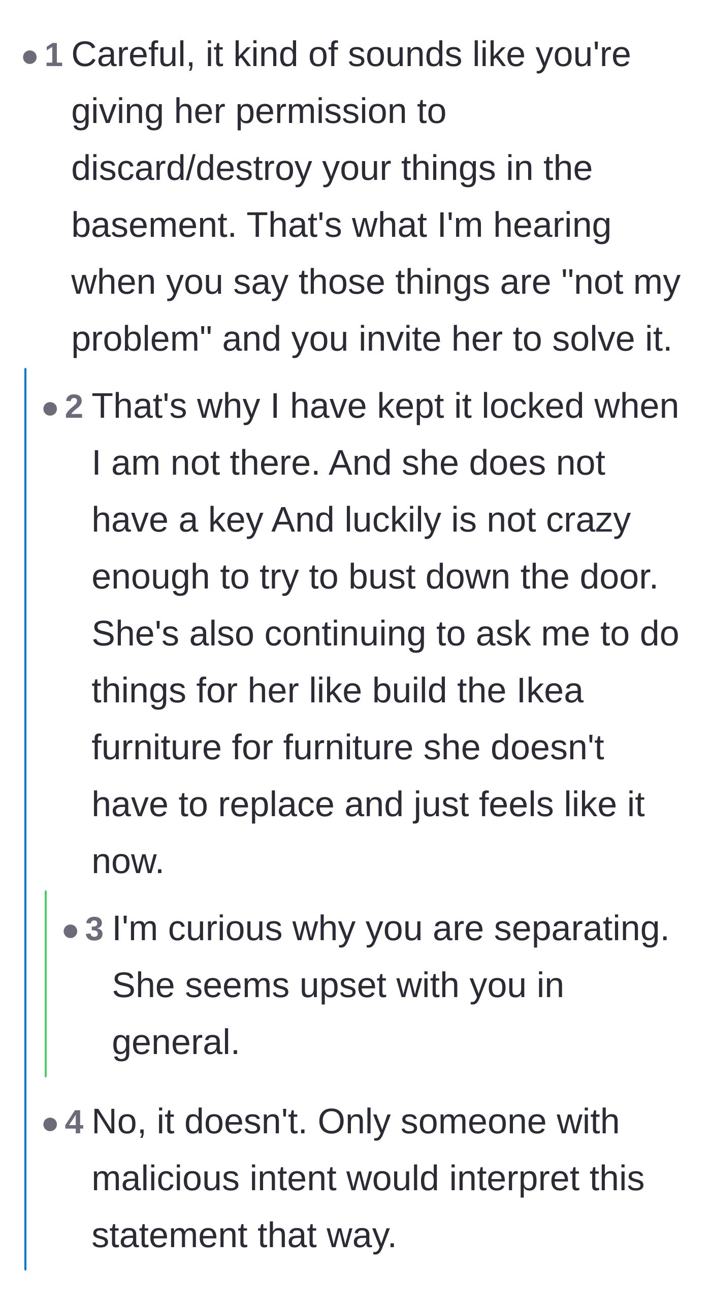 Comment thread 5 - A warning that the ex-wife might trash his remaining belongings, and the husband revealing she still asks him to build her IKEA furniture.