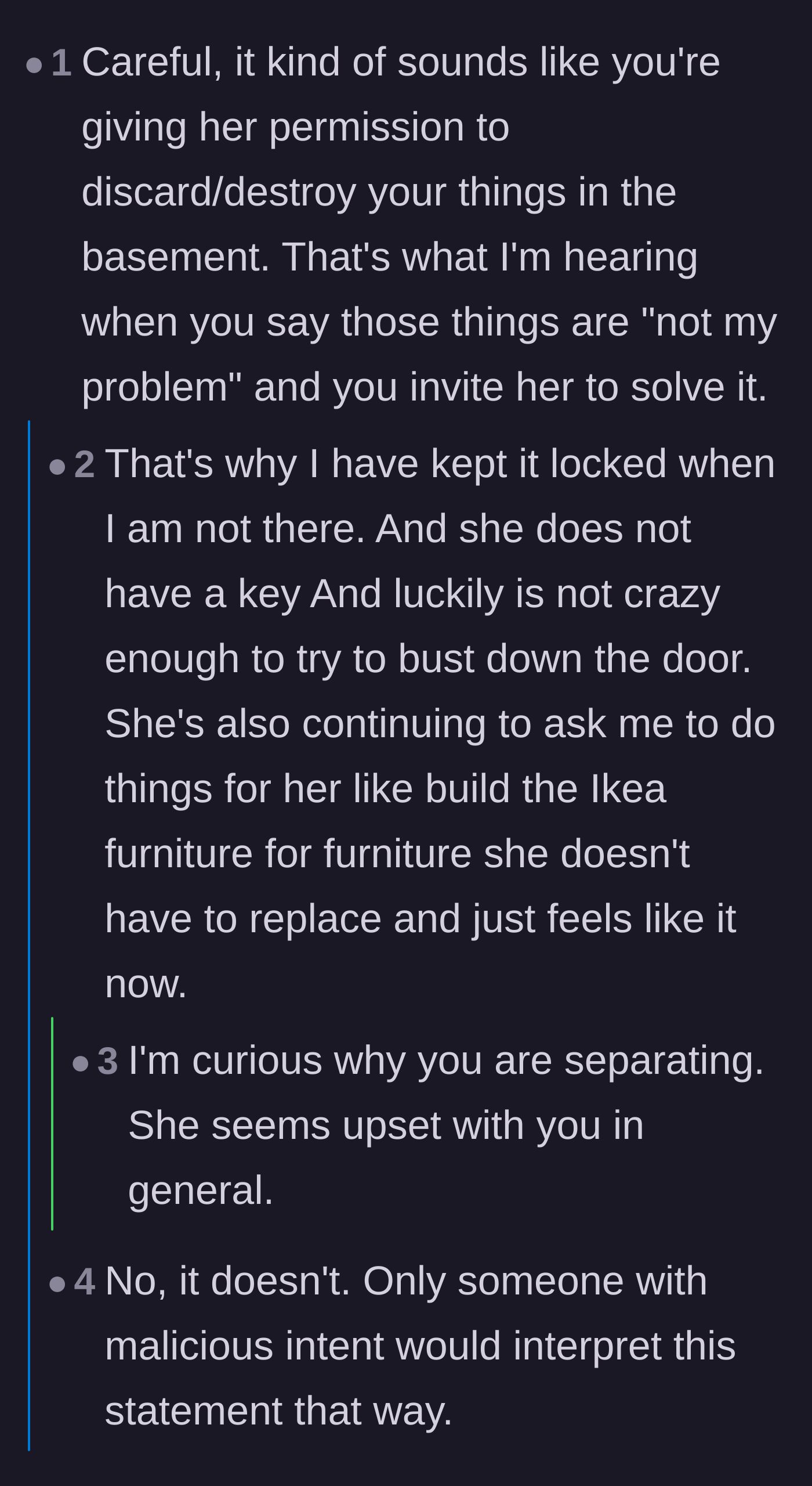 Comment thread 5 - A warning that the ex-wife might trash his remaining belongings, and the husband revealing she still asks him to build her IKEA furniture.