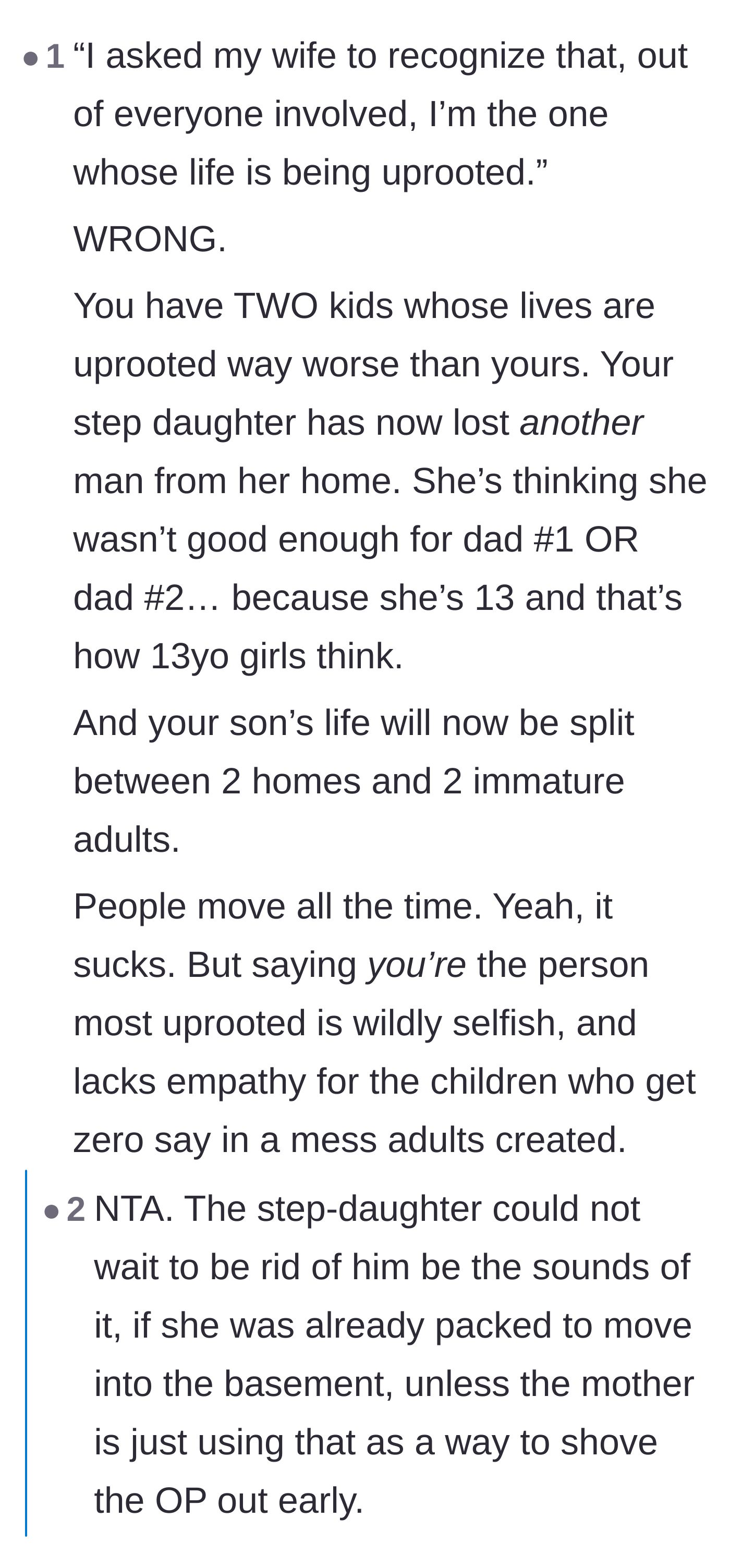 Comment thread 6 - A heated debate over whether the father lacks empathy for the children whose lives are also being uprooted by the divorce.