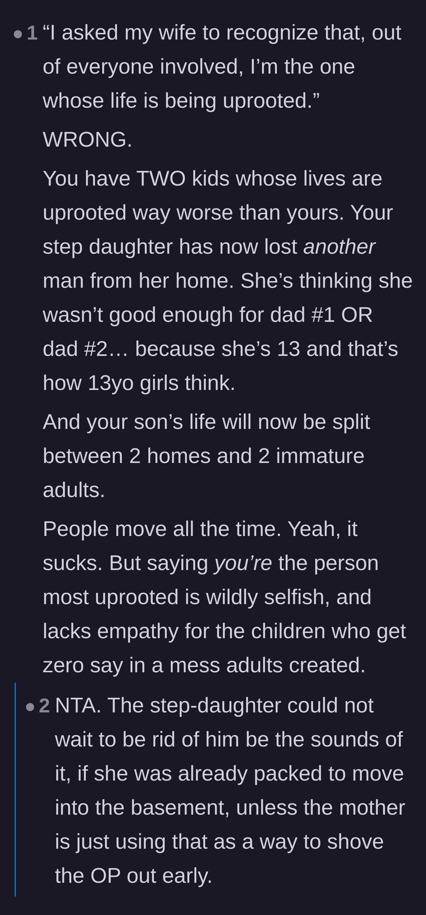 Comment thread 6 - A heated debate over whether the father lacks empathy for the children whose lives are also being uprooted by the divorce.