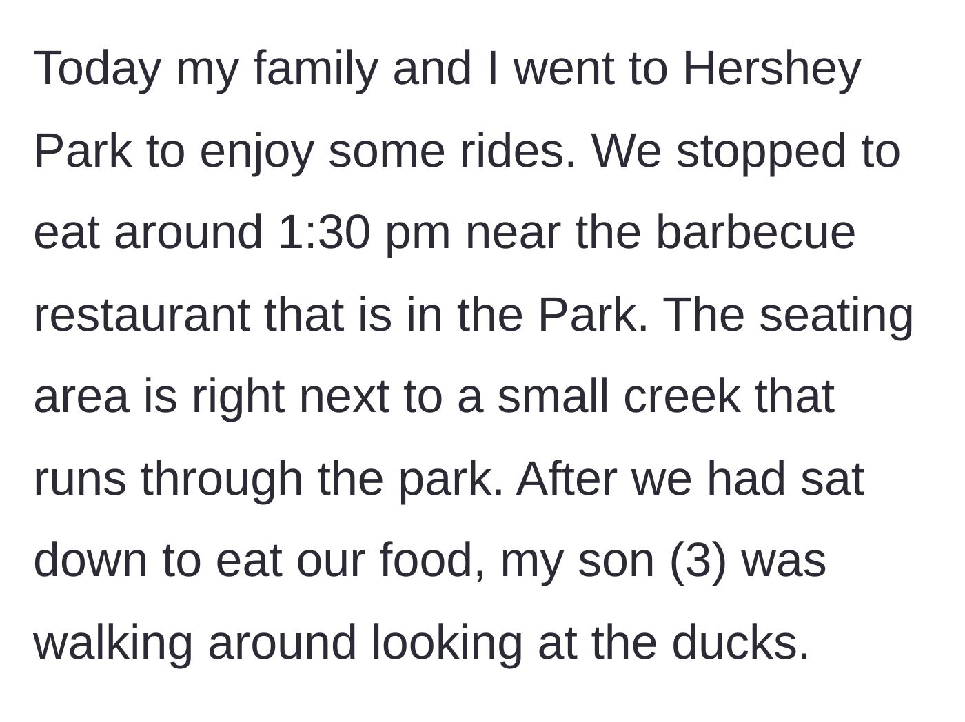 Story part 1 - A family enjoys a peaceful barbecue lunch near a creek at Hershey Park while their toddler watches the local ducks.