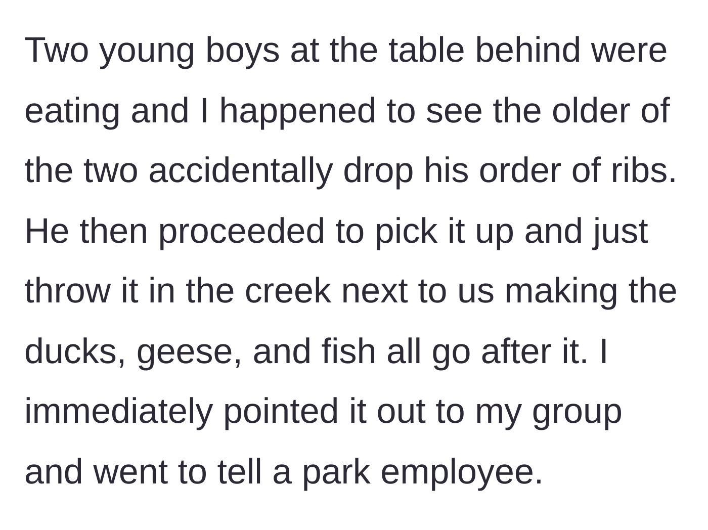 Story part 2 - An older boy drops his barbecue ribs and tosses the messy food directly into the creek, prompting the narrator to report the littering to park staff.
