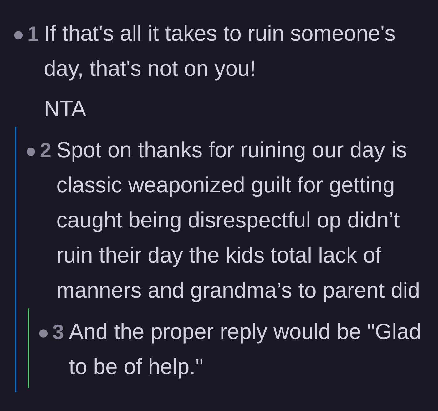 Comment thread 3 - Commentary on the grandmother's use of weaponized guilt to escape a mildly embarrassing public correction.