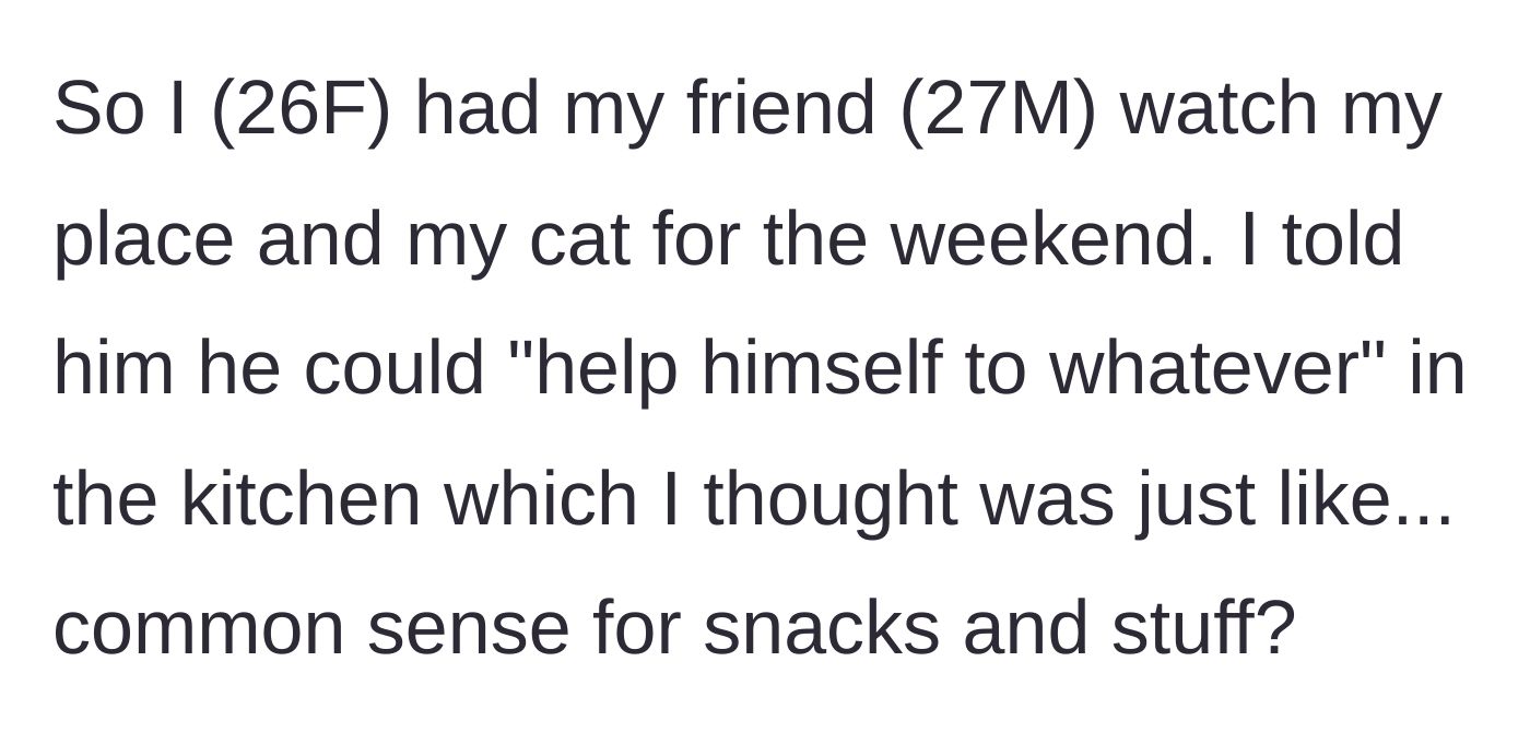 Story part 1 - A host leaves her home and cat in the care of a friend for the weekend, offering him unrestricted access to the kitchen pantry.