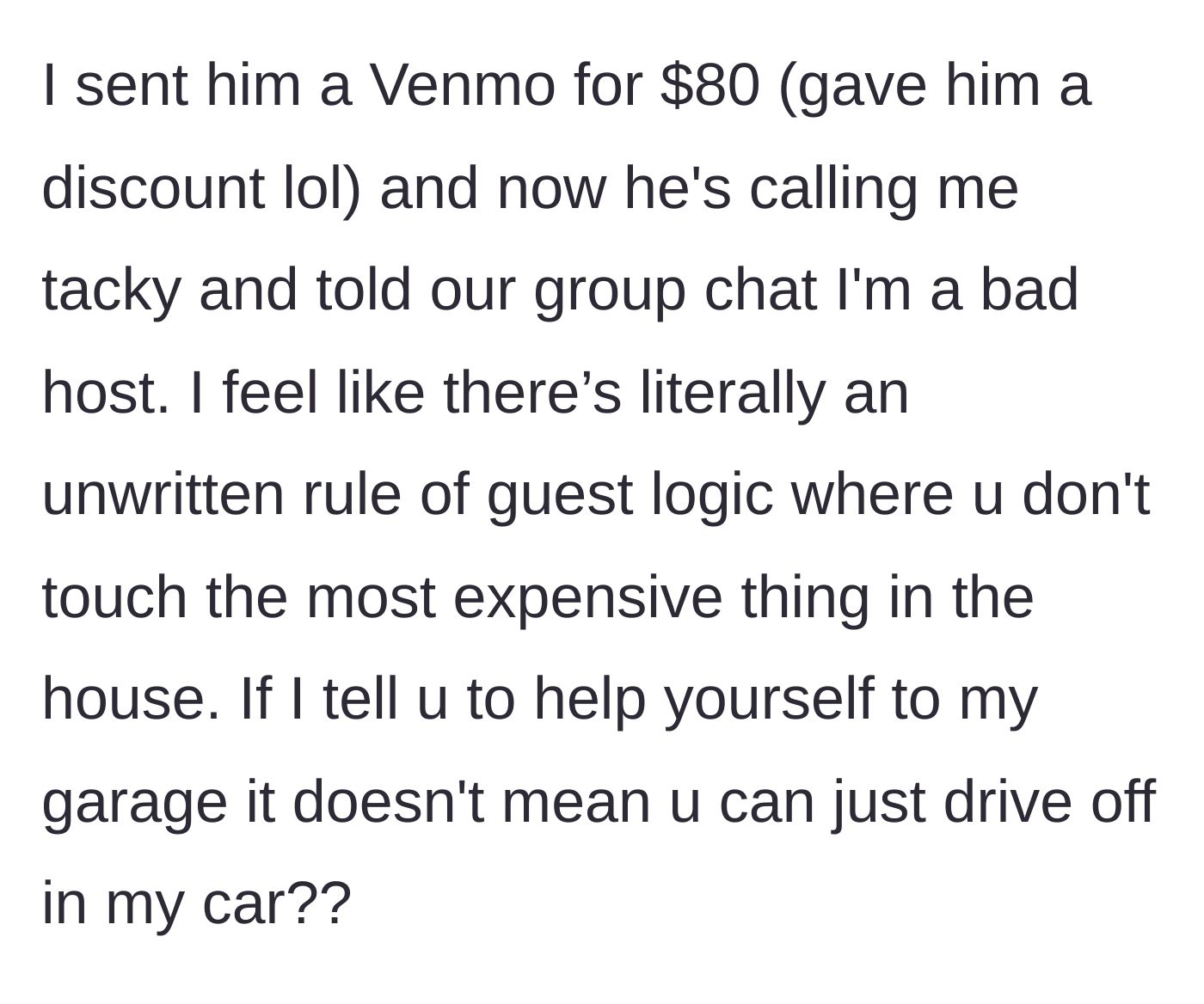 Story part 3 - The host sends her friend a discounted Venmo request for $80, prompting him to publicly shame her as a 'bad host' to their mutual friends.