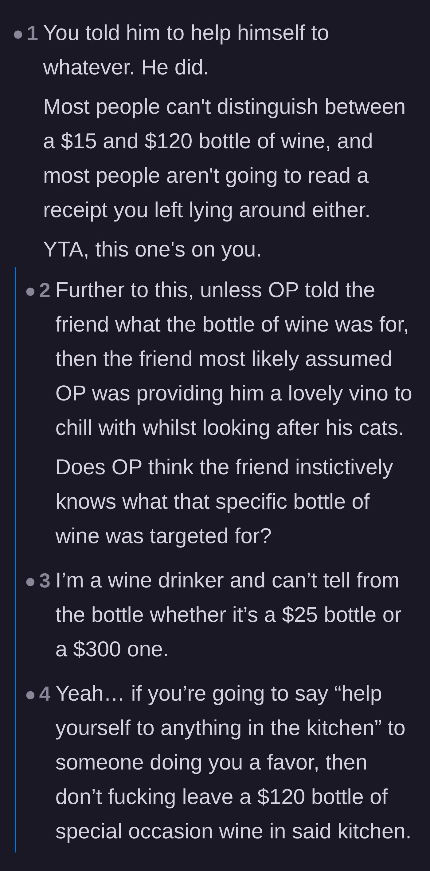 Comment thread 1 - Readers point out that the average person cannot visually distinguish between cheap and expensive wine, making the host responsible.