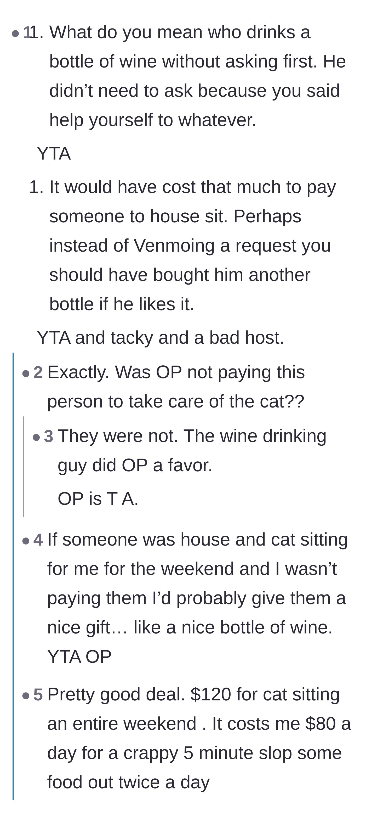Comment thread 3 - Readers calculate the standard cost of pet-sitting, arguing that a $120 bottle of wine is a fair trade for a weekend of free labor.