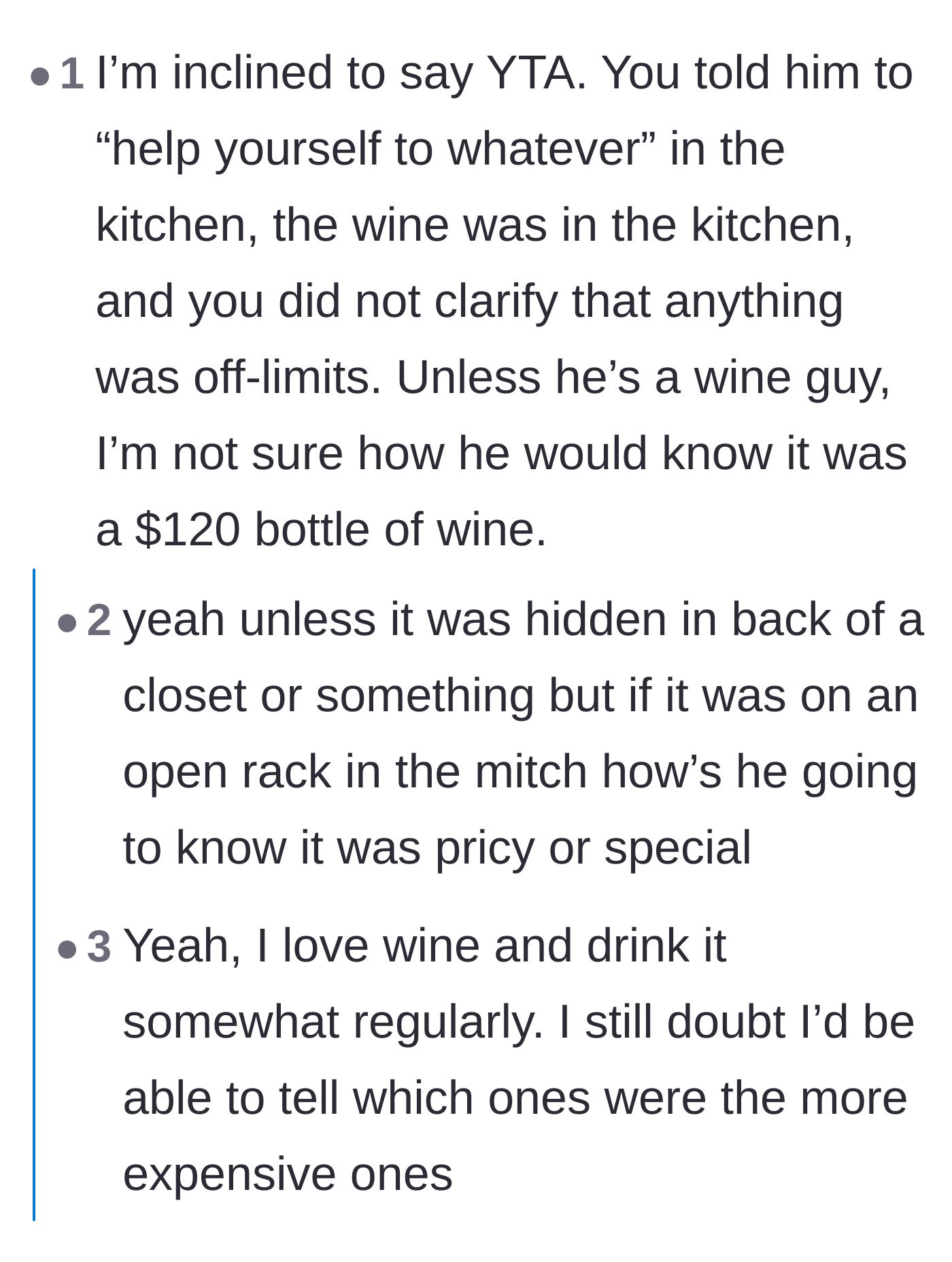 Comment thread 5 - A discussion on how unless wine is specifically hidden or labeled, a guest will assume it is fair game.