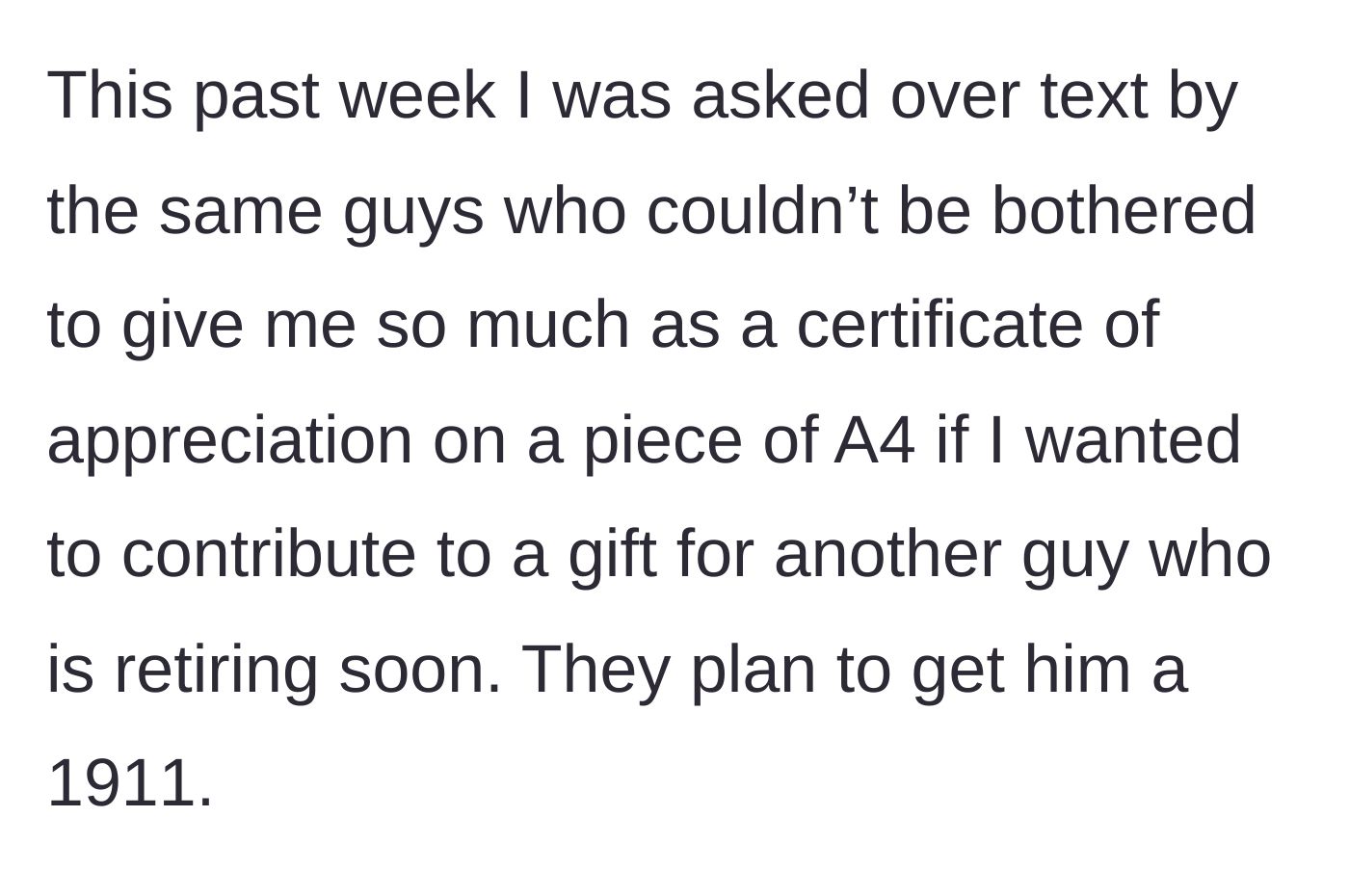 Story part 2 - A text message from former unit members asking for a contribution to a 1911 firearm retirement gift for another colleague.