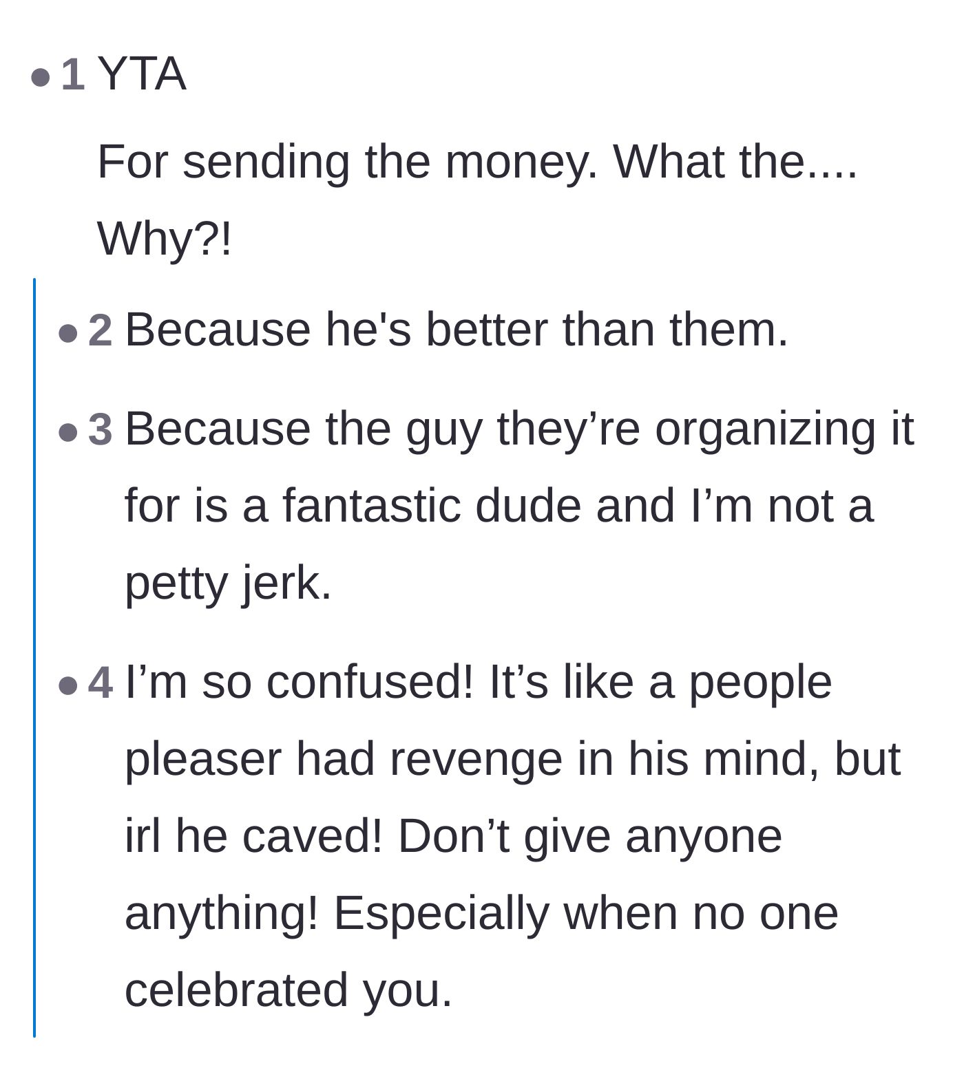 Comment thread 1 - Readers debate whether sending the money makes the veteran a bigger person or a doormat.