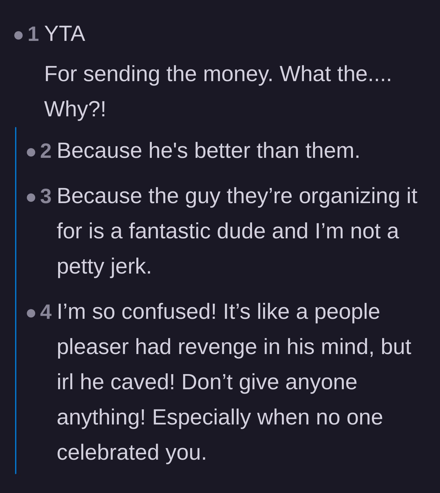 Comment thread 1 - Readers debate whether sending the money makes the veteran a bigger person or a doormat.