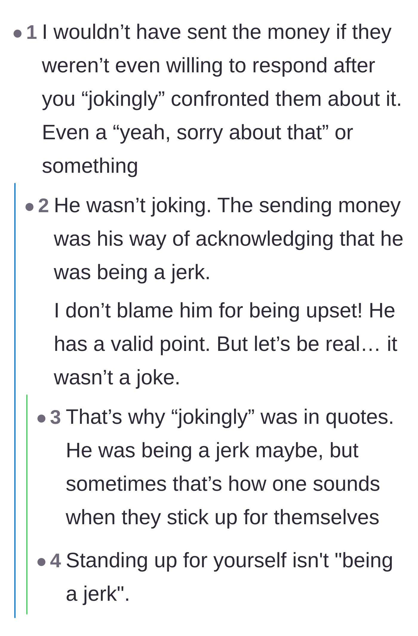 Comment thread 4 - A harsh critique accusing the veteran of being selfish, prompting the veteran to step in and defend his character.
