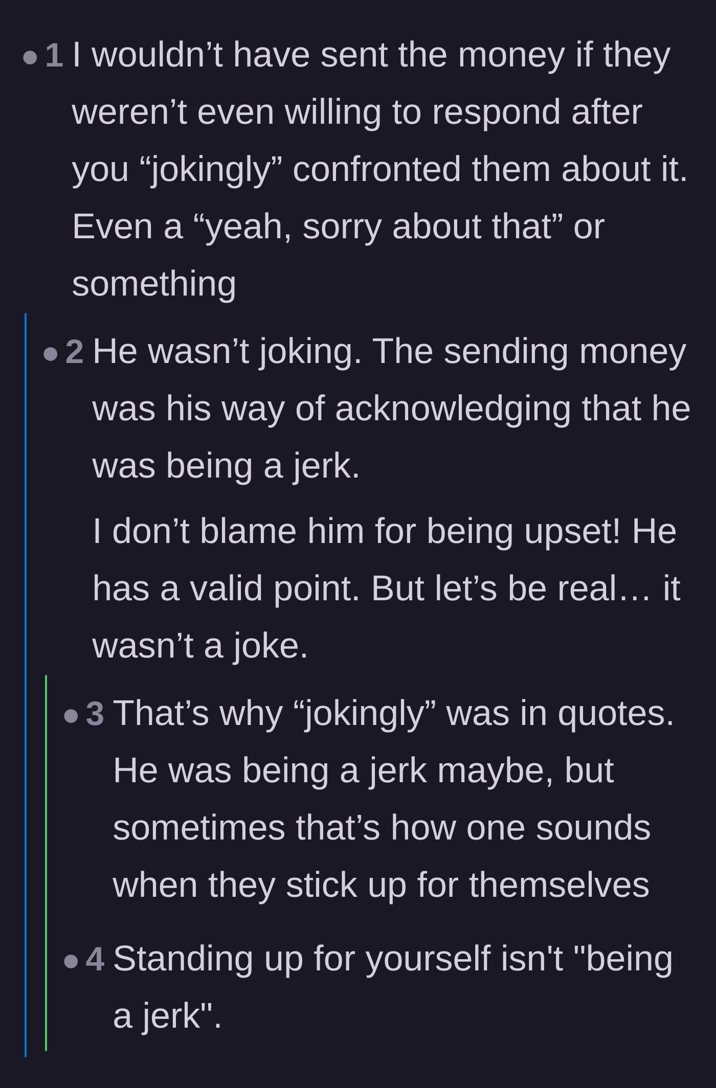 Comment thread 4 - A harsh critique accusing the veteran of being selfish, prompting the veteran to step in and defend his character.