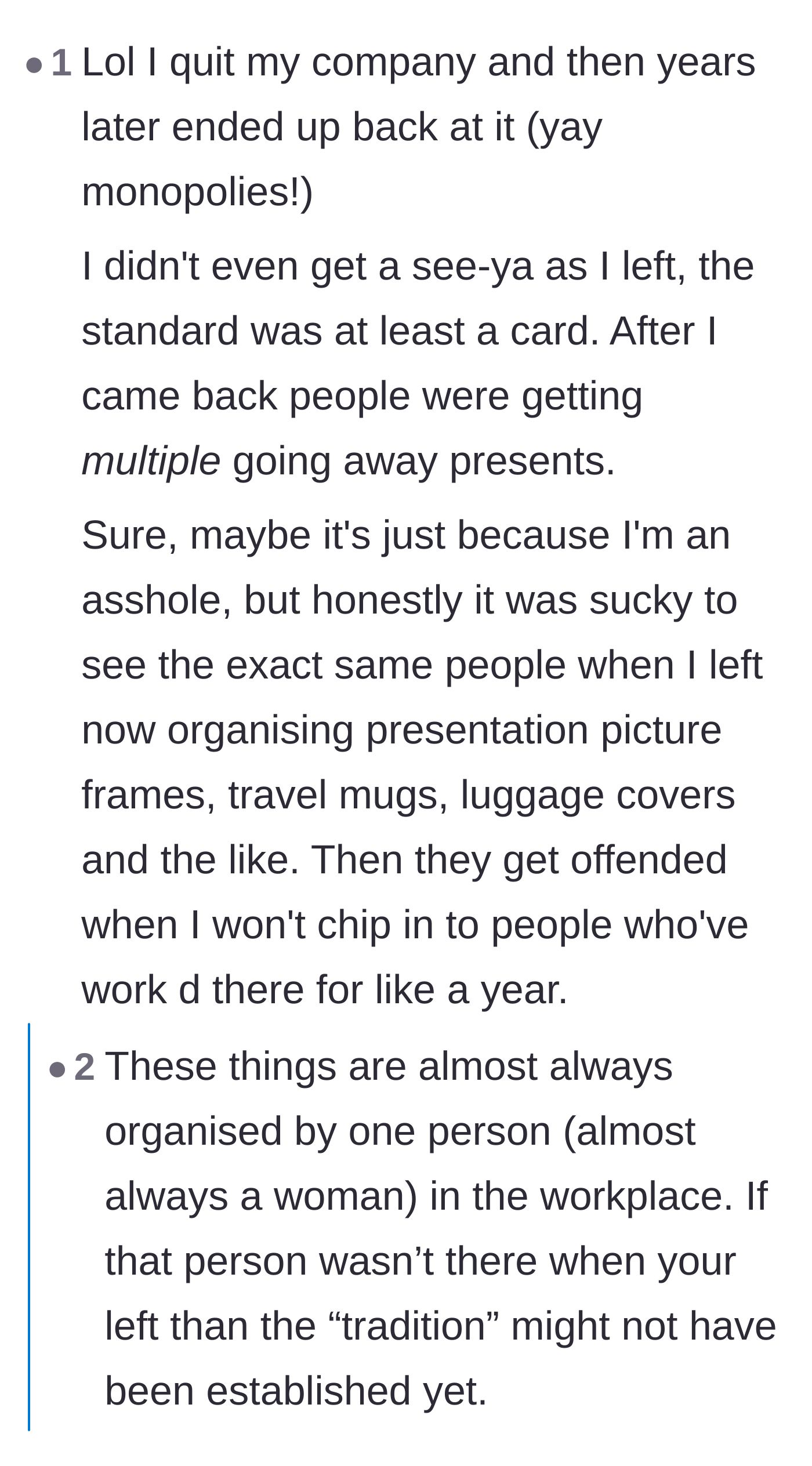 Comment thread 6 - A reader sharing their own painful workplace story of being denied a farewell gift while others received lavish ones.