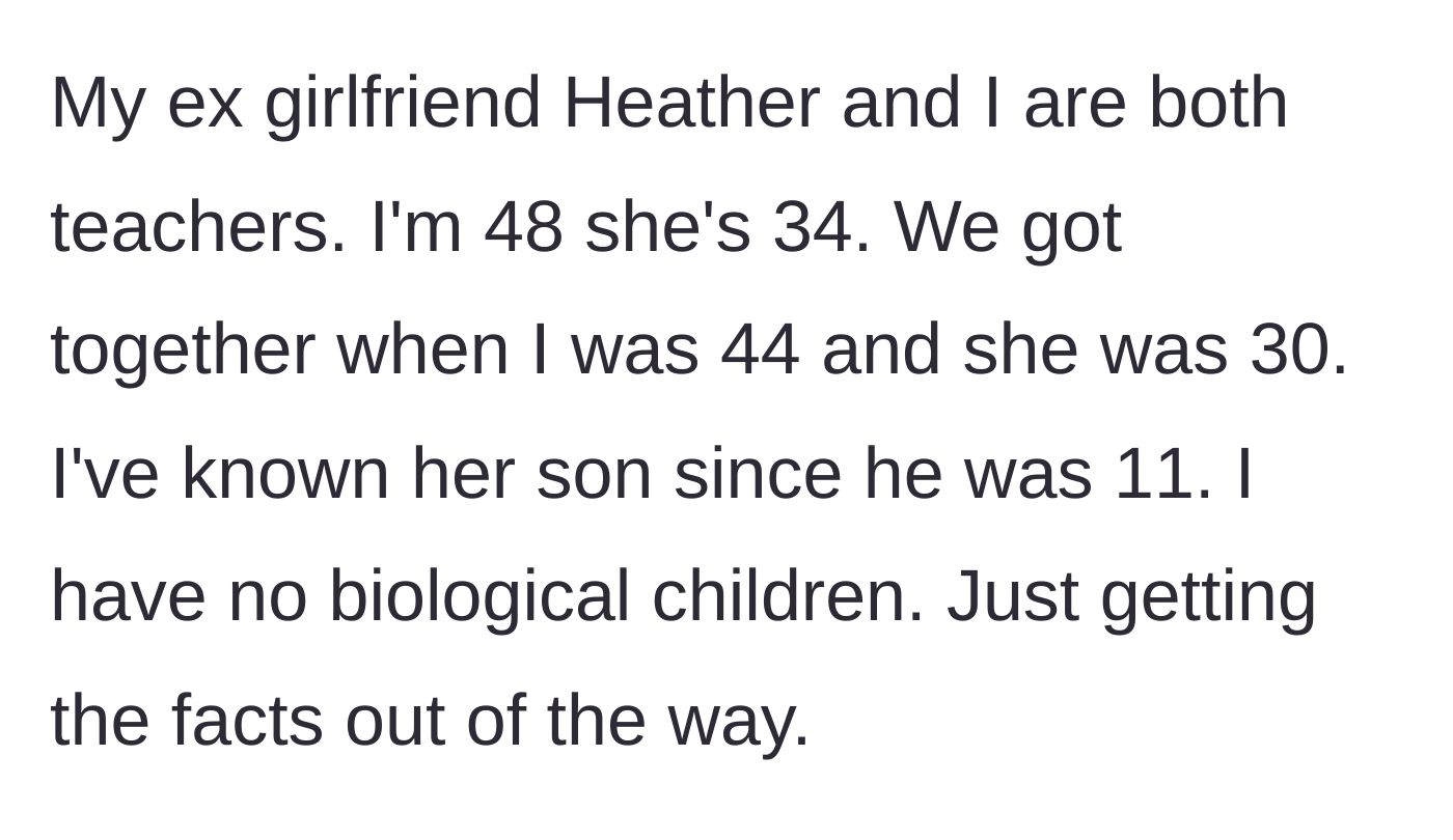 Story part 1 - The author introduces himself, his younger girlfriend Heather, and her son, calmly establishing their ages and shared professions.
