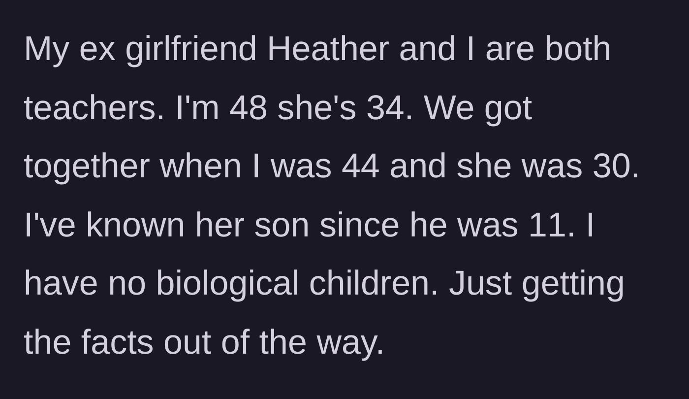 Story part 1 - The author introduces himself, his younger girlfriend Heather, and her son, calmly establishing their ages and shared professions.