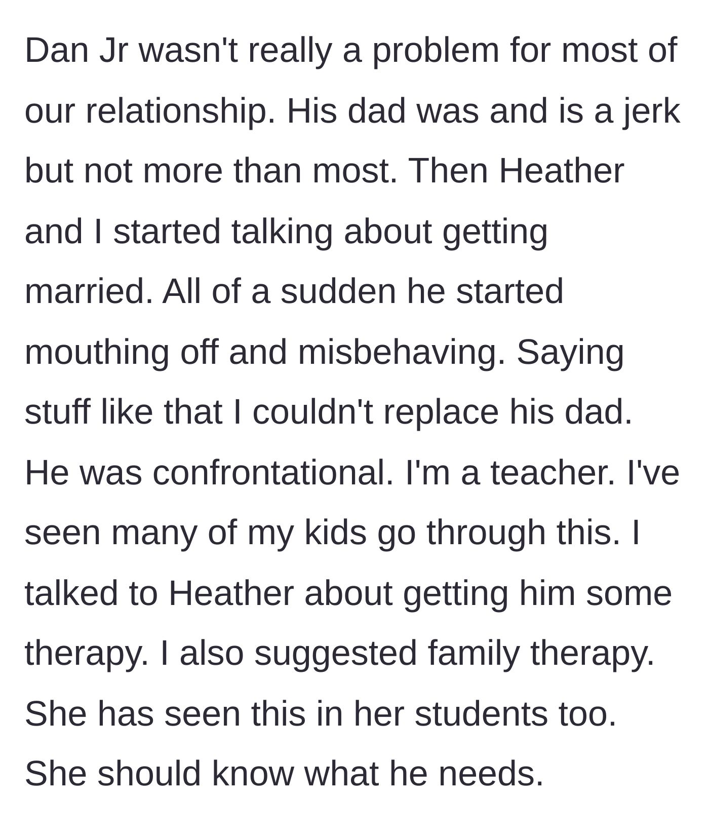 Story part 3 - Tensions rise as marriage talks begin, causing the teenager to act out and reject the author as a father figure.