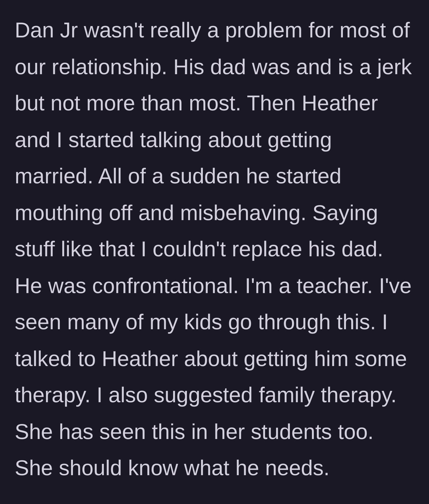Story part 3 - Tensions rise as marriage talks begin, causing the teenager to act out and reject the author as a father figure.