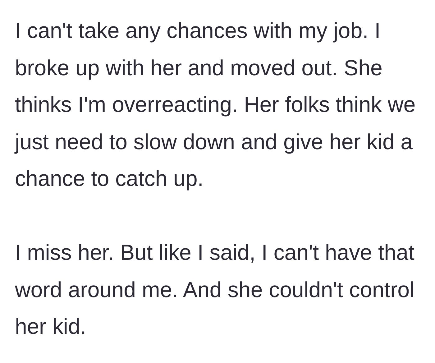 Story part 5 - The author chooses to end the relationship and move out to protect his career, leaving him grieving the loss of his partner.