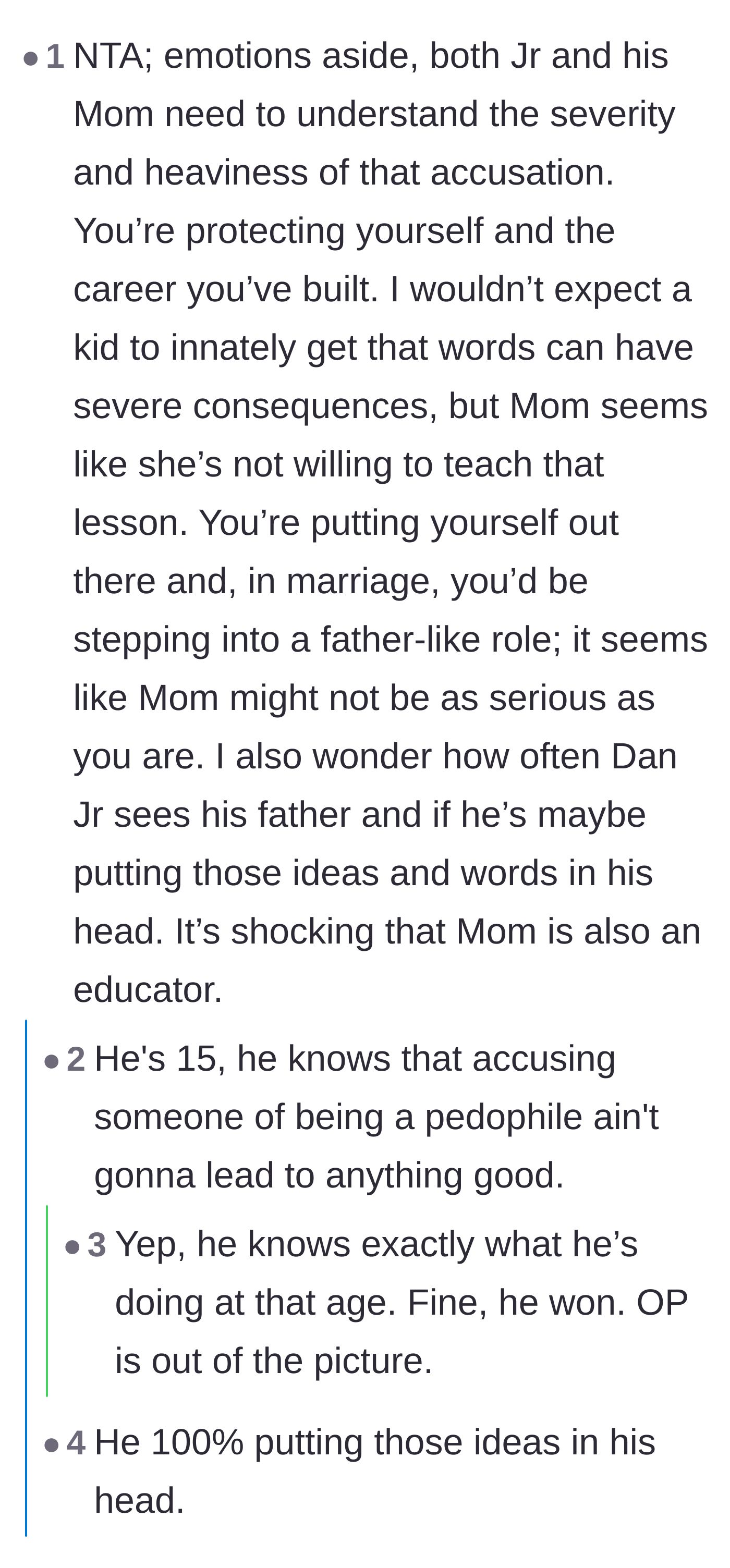 Comment thread 1 - Readers discussing how a 15-year-old understands the weight of his words and theorizing that the biological father is manipulating the situation.