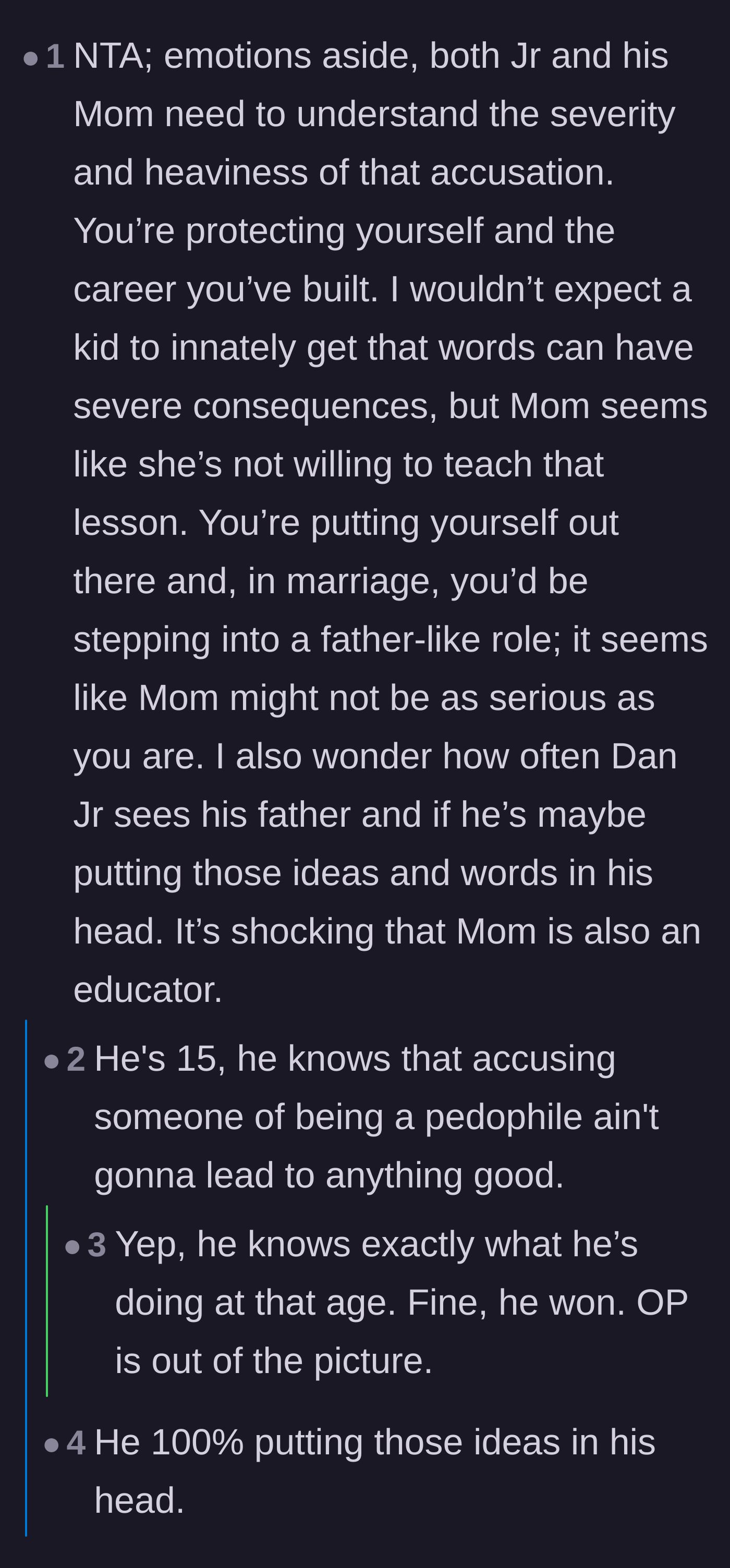 Comment thread 1 - Readers discussing how a 15-year-old understands the weight of his words and theorizing that the biological father is manipulating the situation.