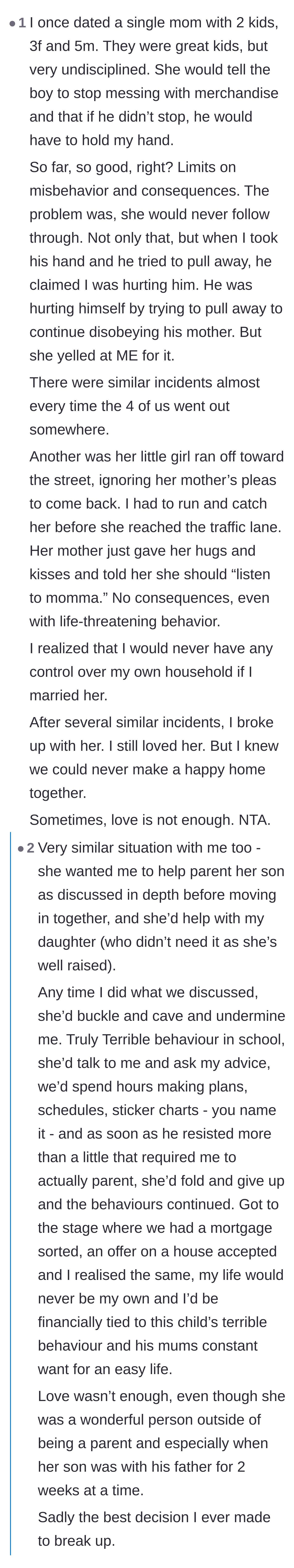 Comment thread 3 - Users sharing their own sorrowful stories of leaving partners they still loved because of unchecked behavioral issues with children.