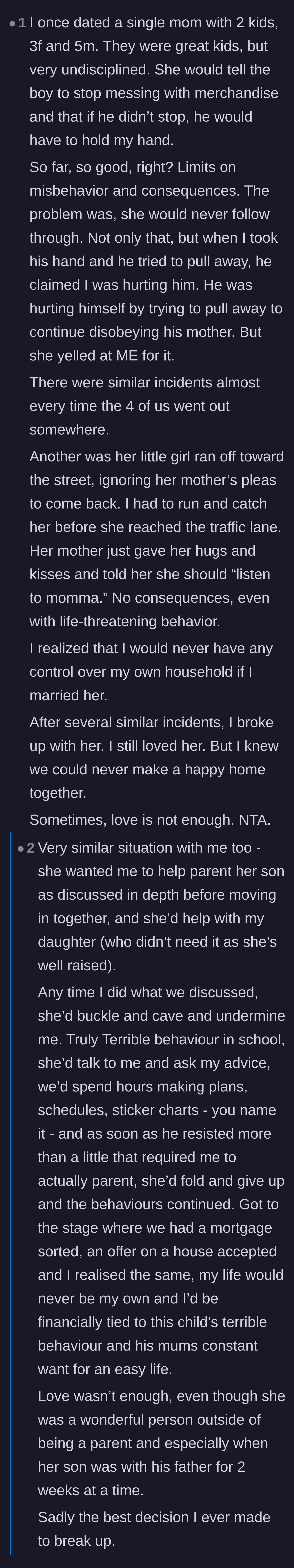 Comment thread 3 - Users sharing their own sorrowful stories of leaving partners they still loved because of unchecked behavioral issues with children.