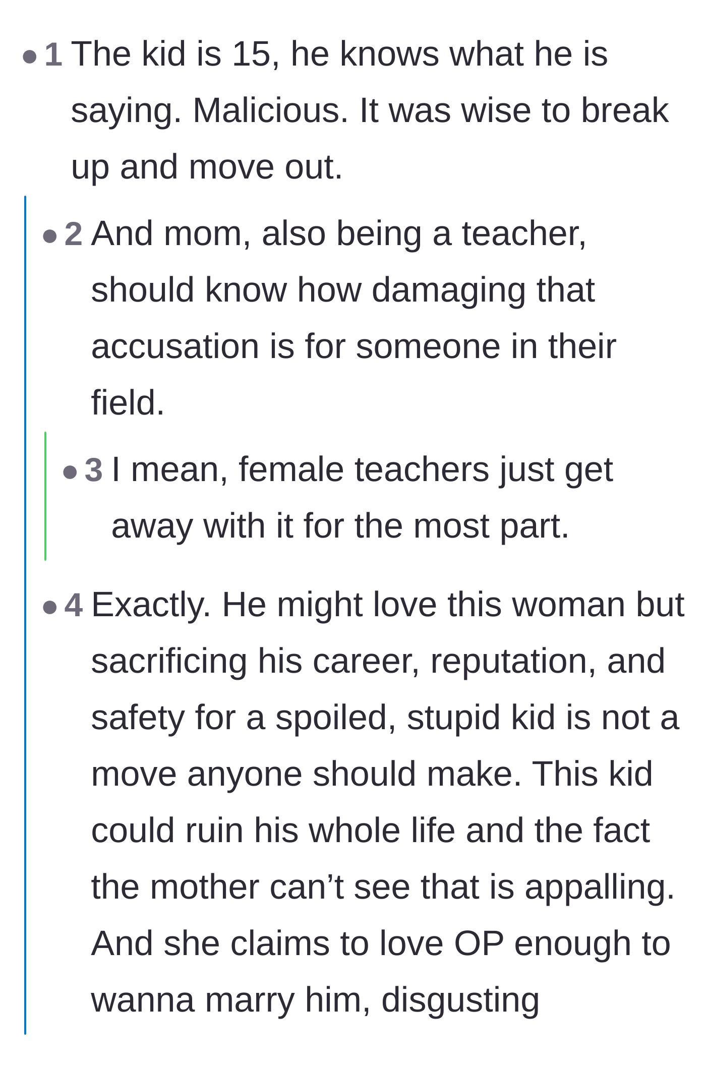Comment thread 4 - A discussion emphasizing the mother's professional failure as an educator to recognize the severity of her son's threat.