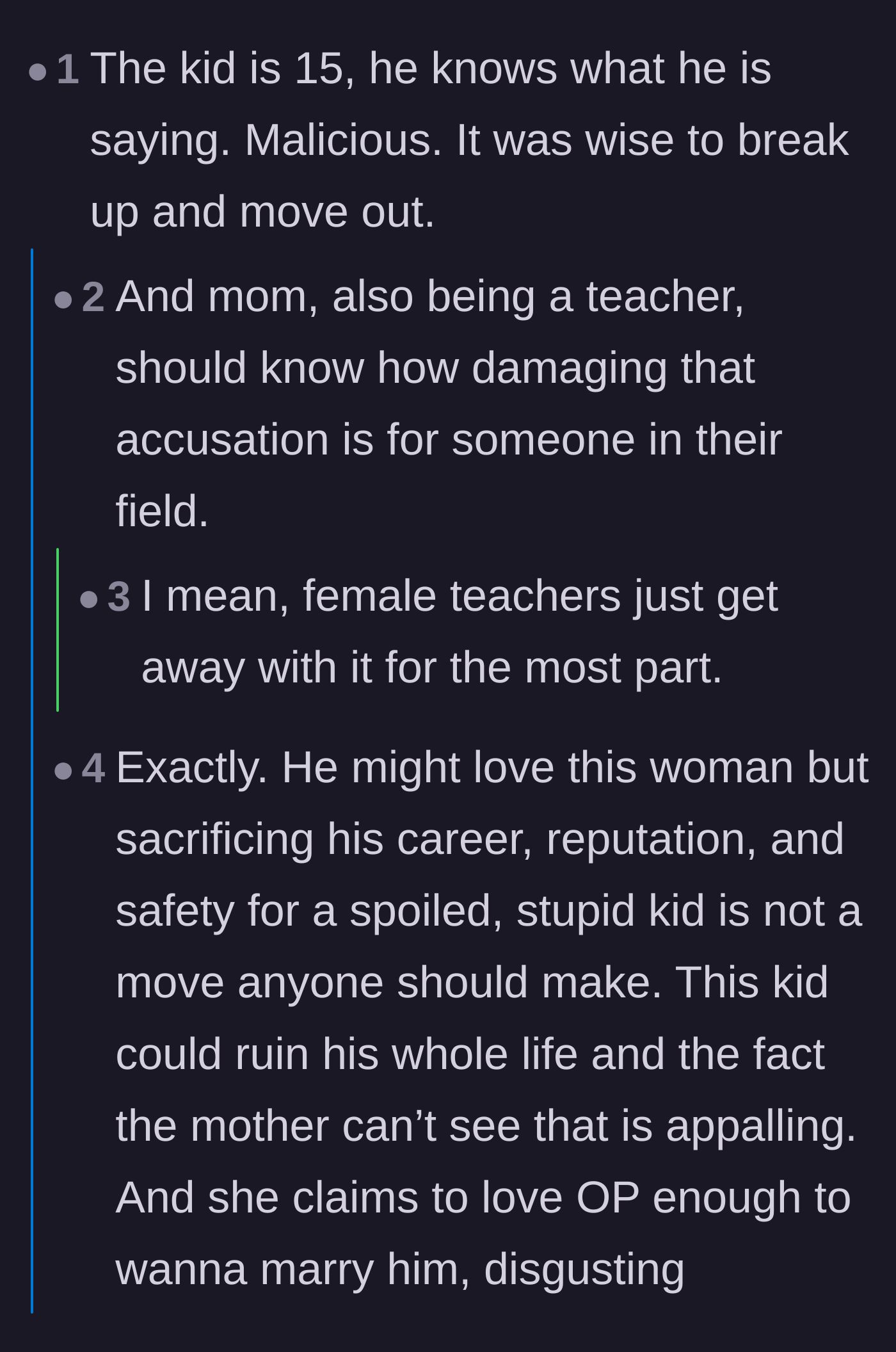 Comment thread 4 - A discussion emphasizing the mother's professional failure as an educator to recognize the severity of her son's threat.